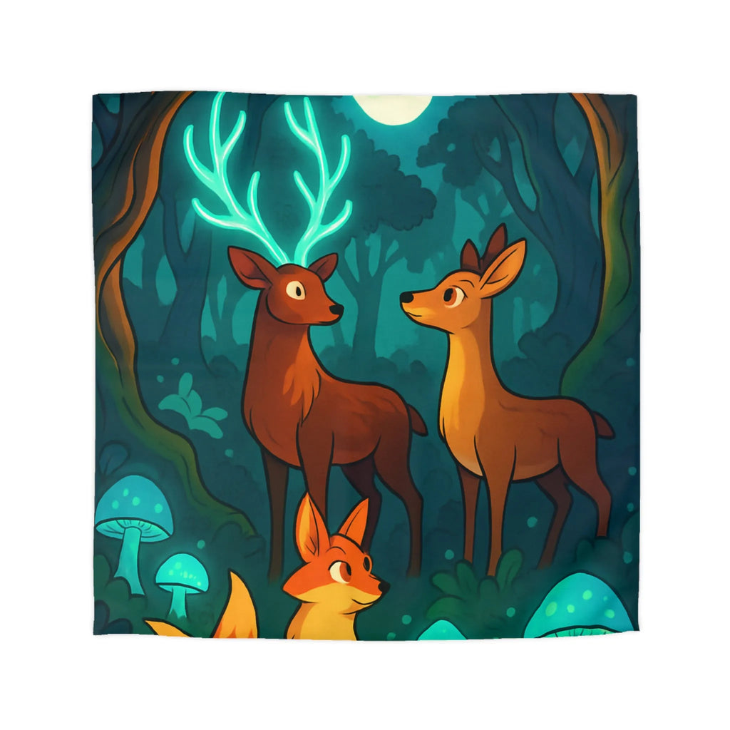 Housse de couette avec animaux de forêt et champignons sous lumière lunaire magique