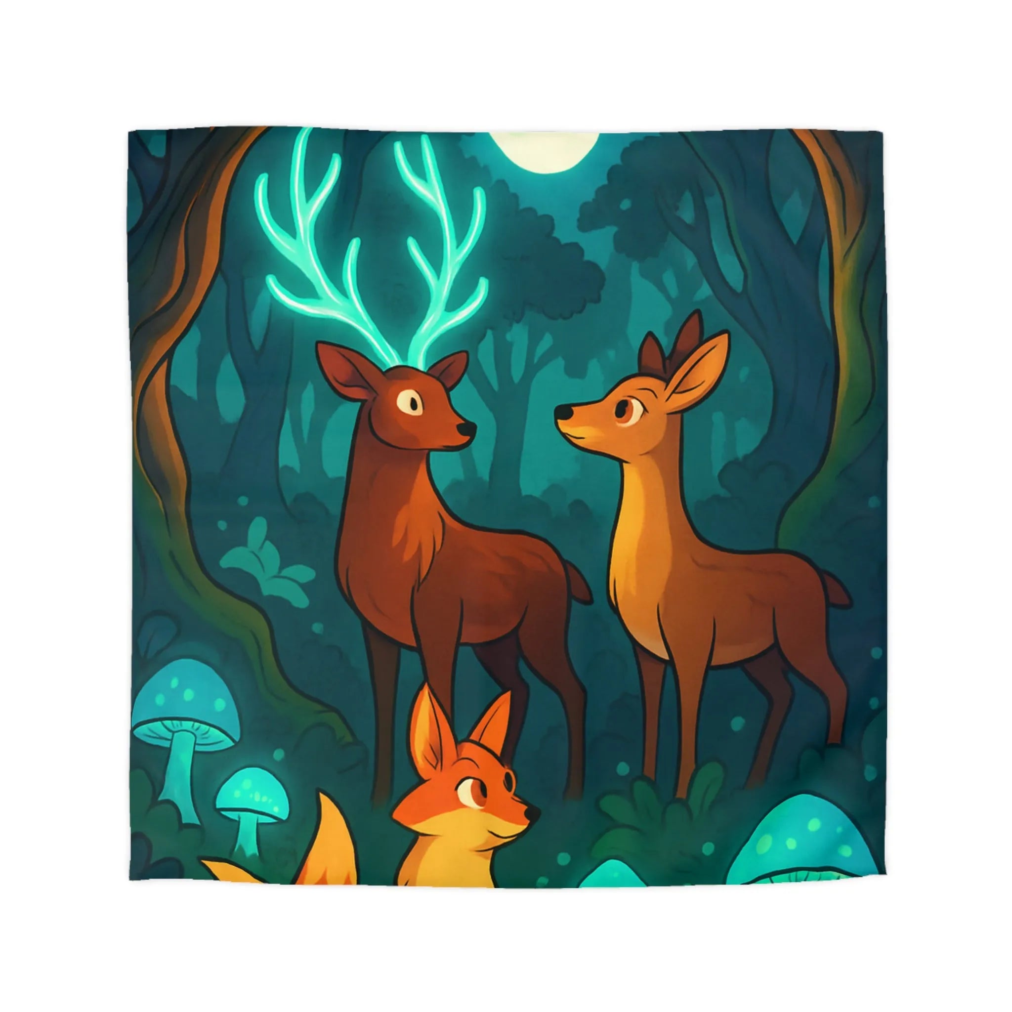 Housse de couette avec animaux de forêt et champignons sous lumière lunaire magique