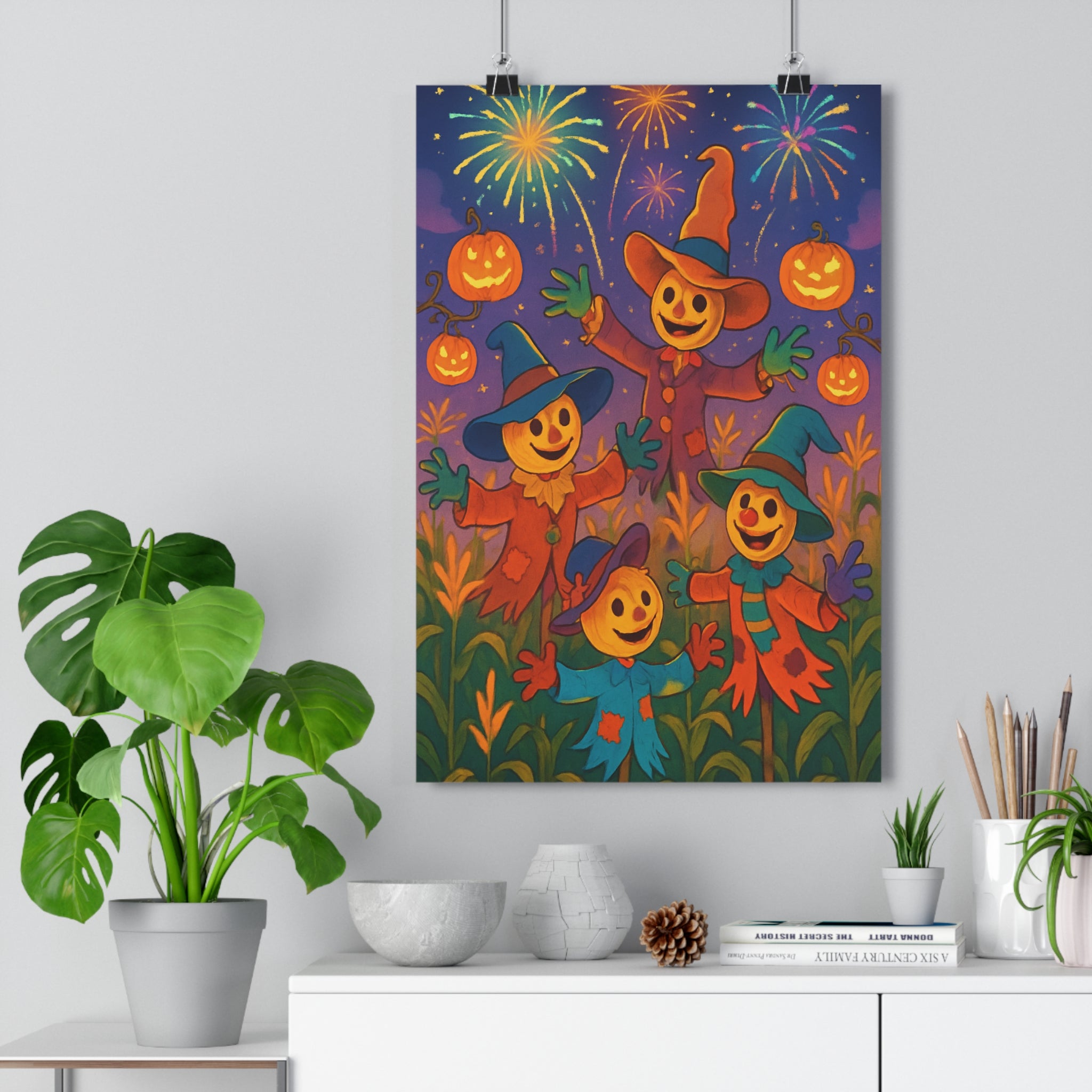 Poster décoratif halloween épouvantails cartoon automne joyeux citrouilles rouges jaunes festif salon enfant chambre