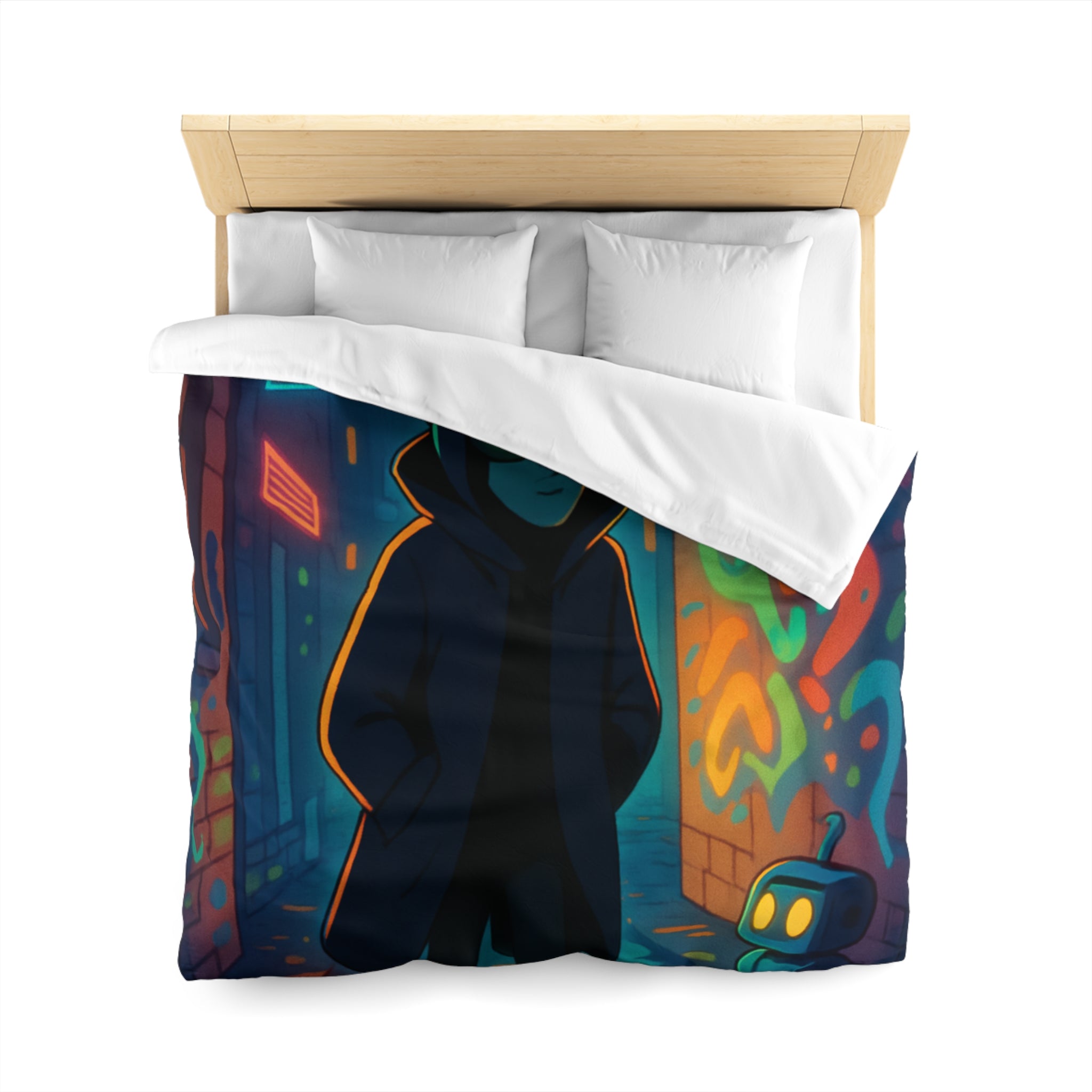 Housse de couette néon, ruelle urbaine cyberpunk avec technologie futuriste et graffitis colorés