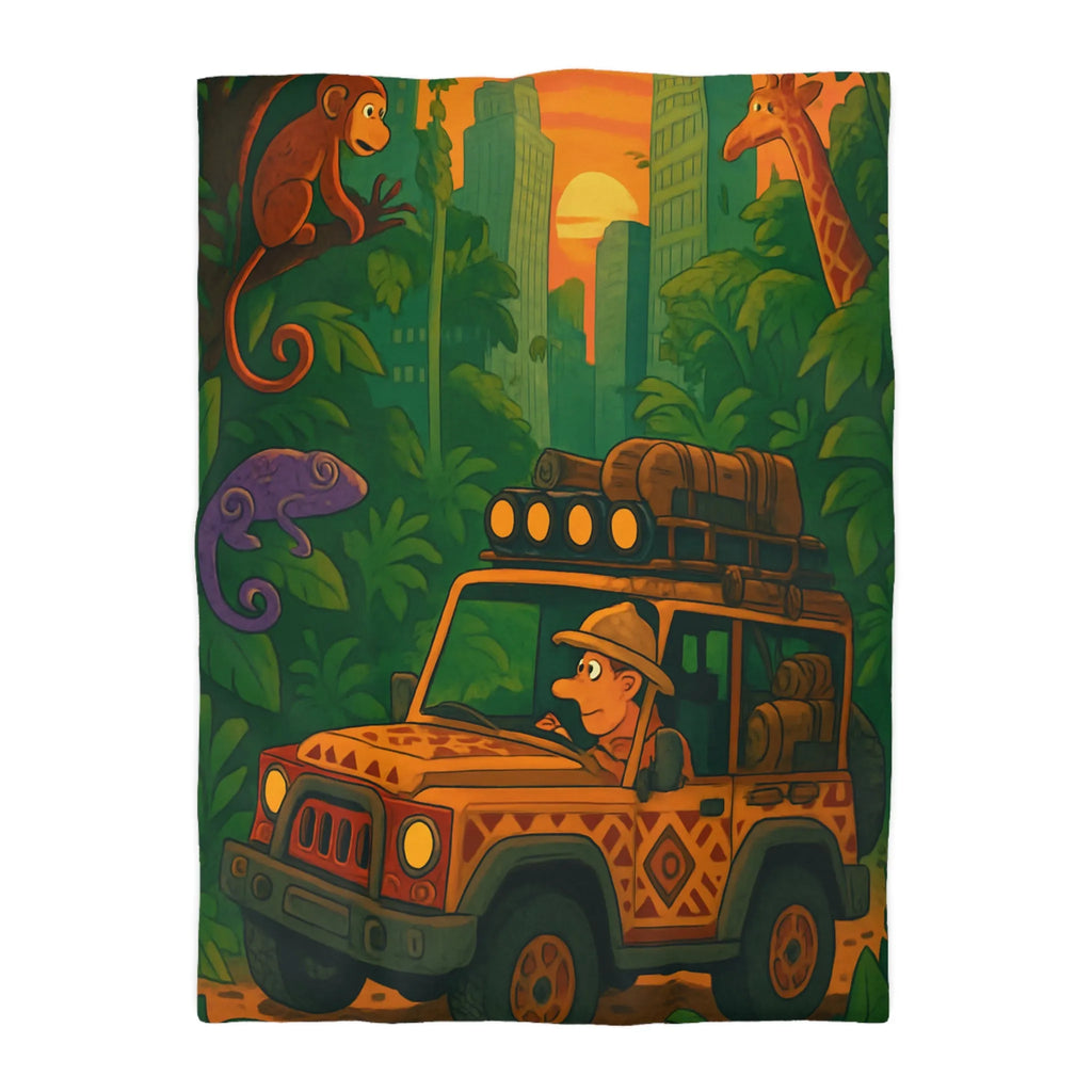 Housse de couette jungle aventure avec jeep, animaux exotiques et coucher de soleil vibrant
