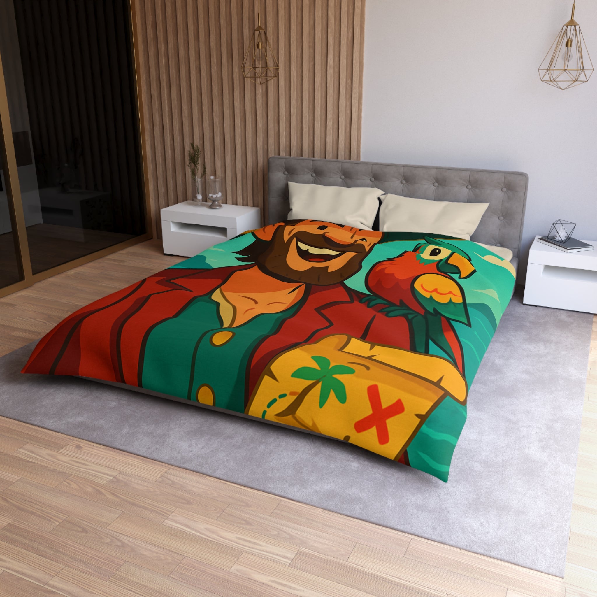 Housse de couette pirate aventurier avec perroquet coloré et carte au trésor illustrée