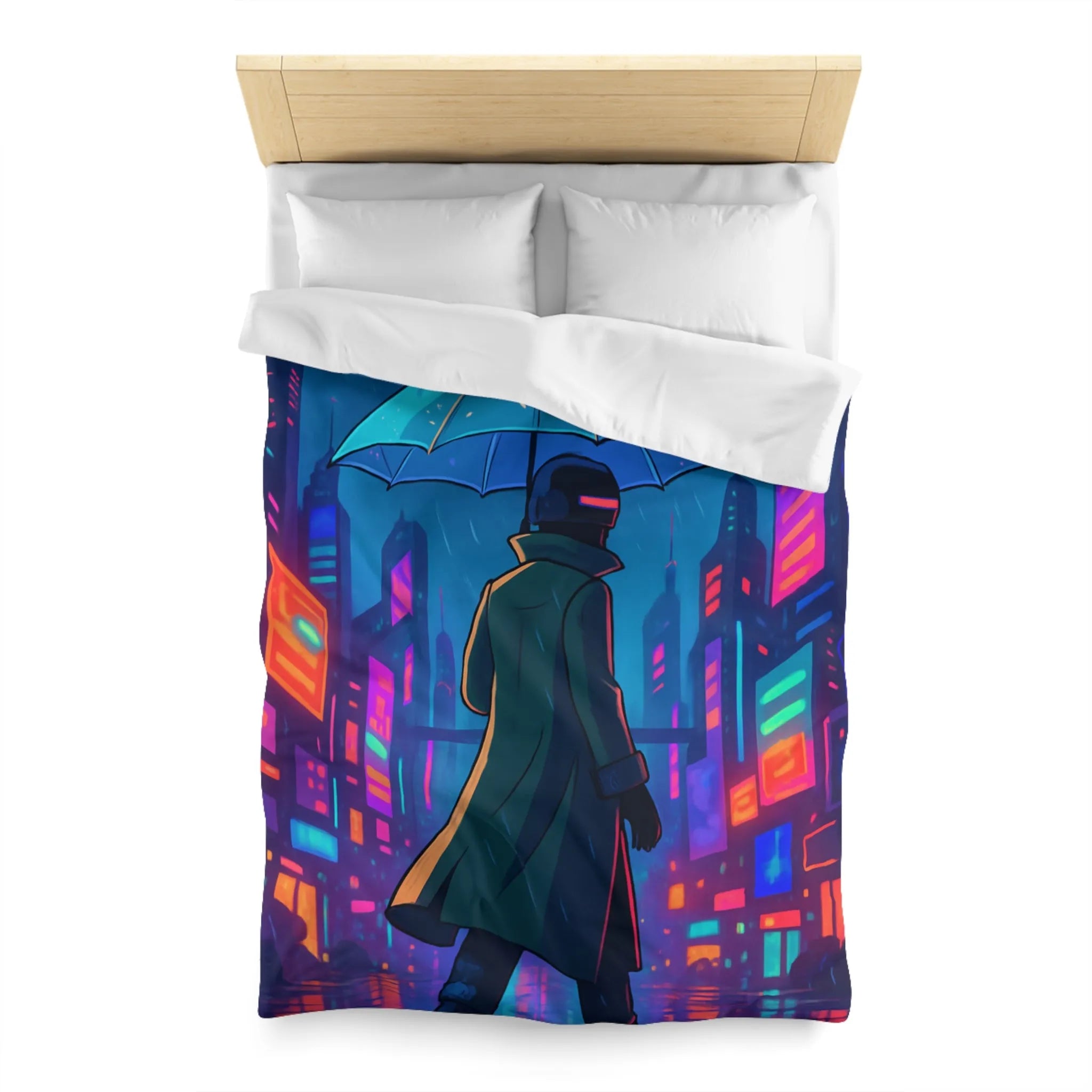 Housse de Couette Design Futuriste Ville Néon avec Parapluie et Pluie Nocturne