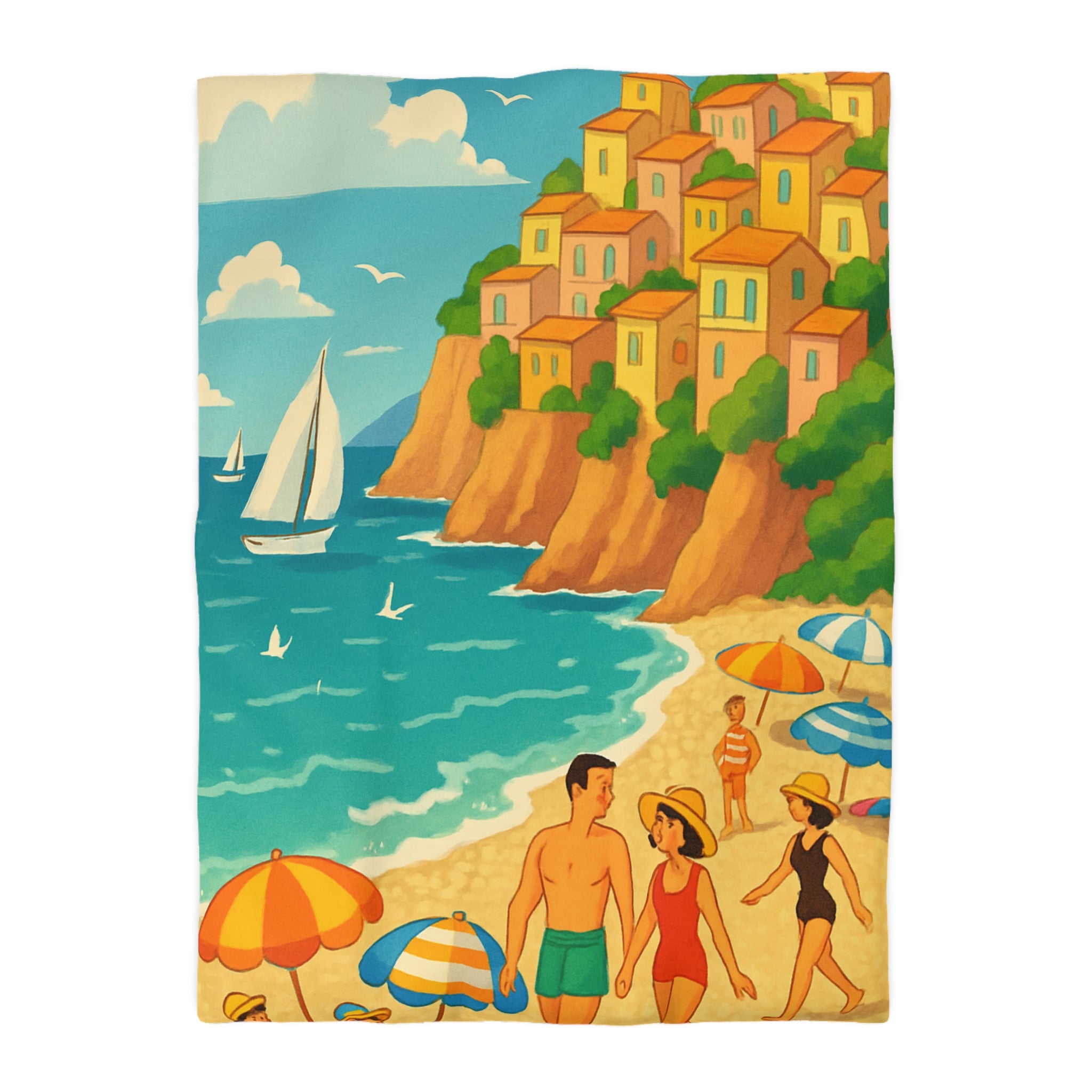 Housse de couette plage méditerranéenne avec paysages colorés et vacanciers ensoleillés