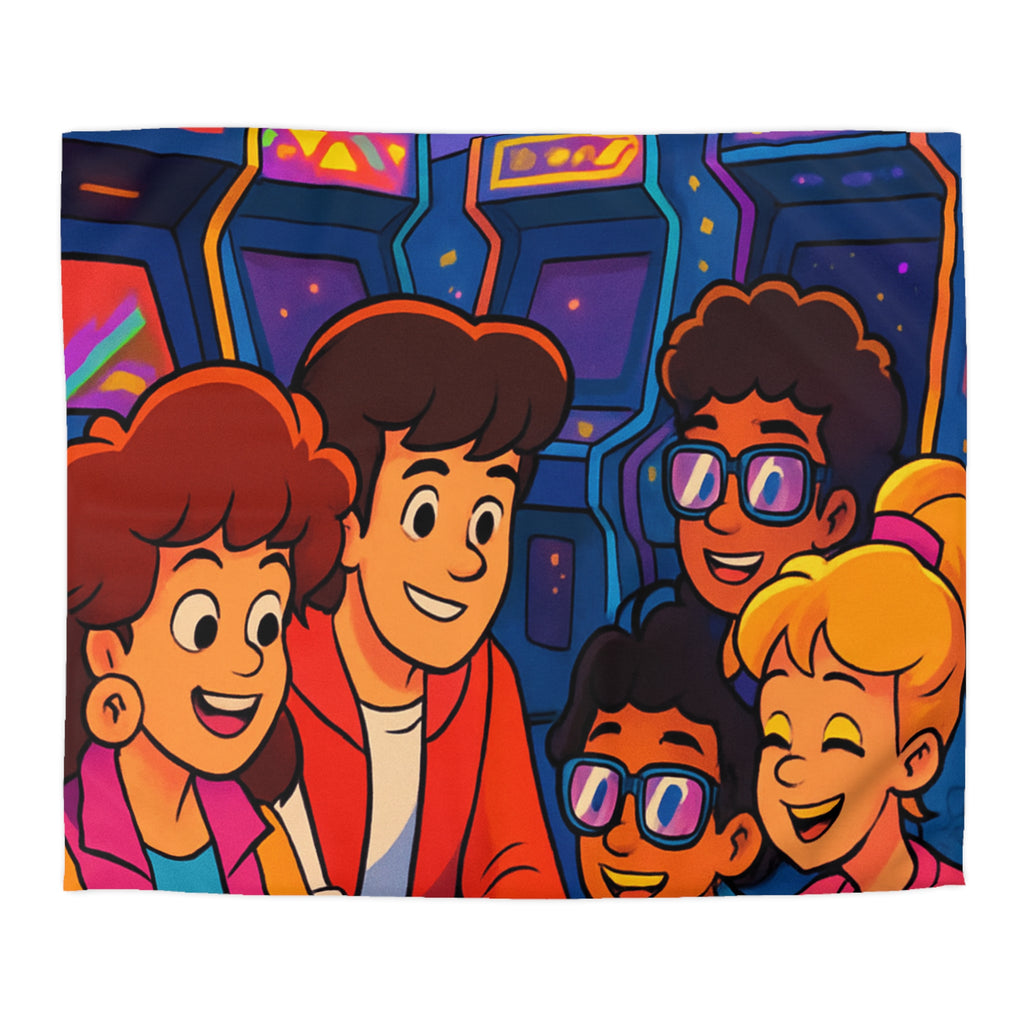 Housse de couette vibrante années 80 avec motifs arcades et ambiance rétro lumineuse