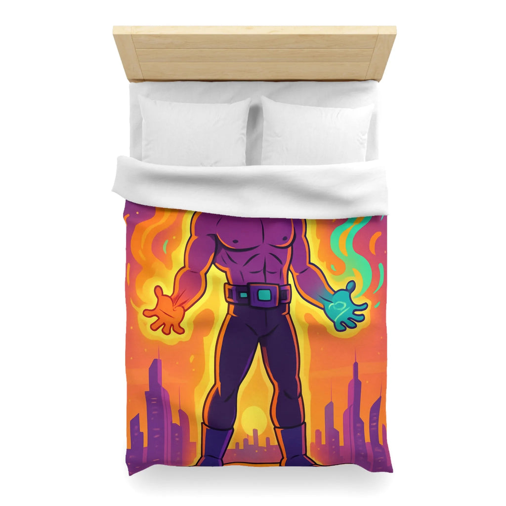 Housse de couette avec héros des éléments enflammés et lumineux sur fond de ville