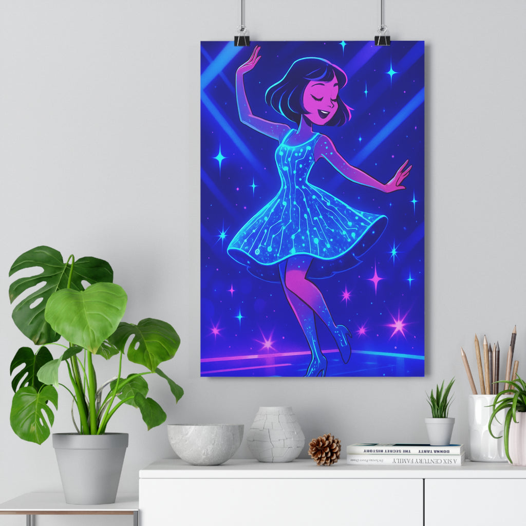 Poster décoratif danseuse électrique bleu violet cyberpunk moderne salon chambre ambiance lumineuse futuriste 30x46