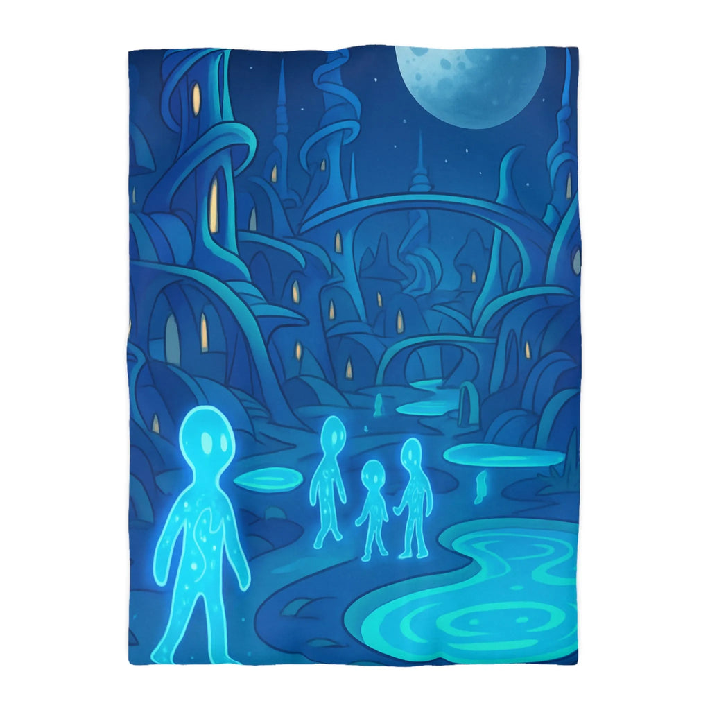 Housse de couette fantastique avec paysage extraterrestre, créatures lumineuses et lune mystique