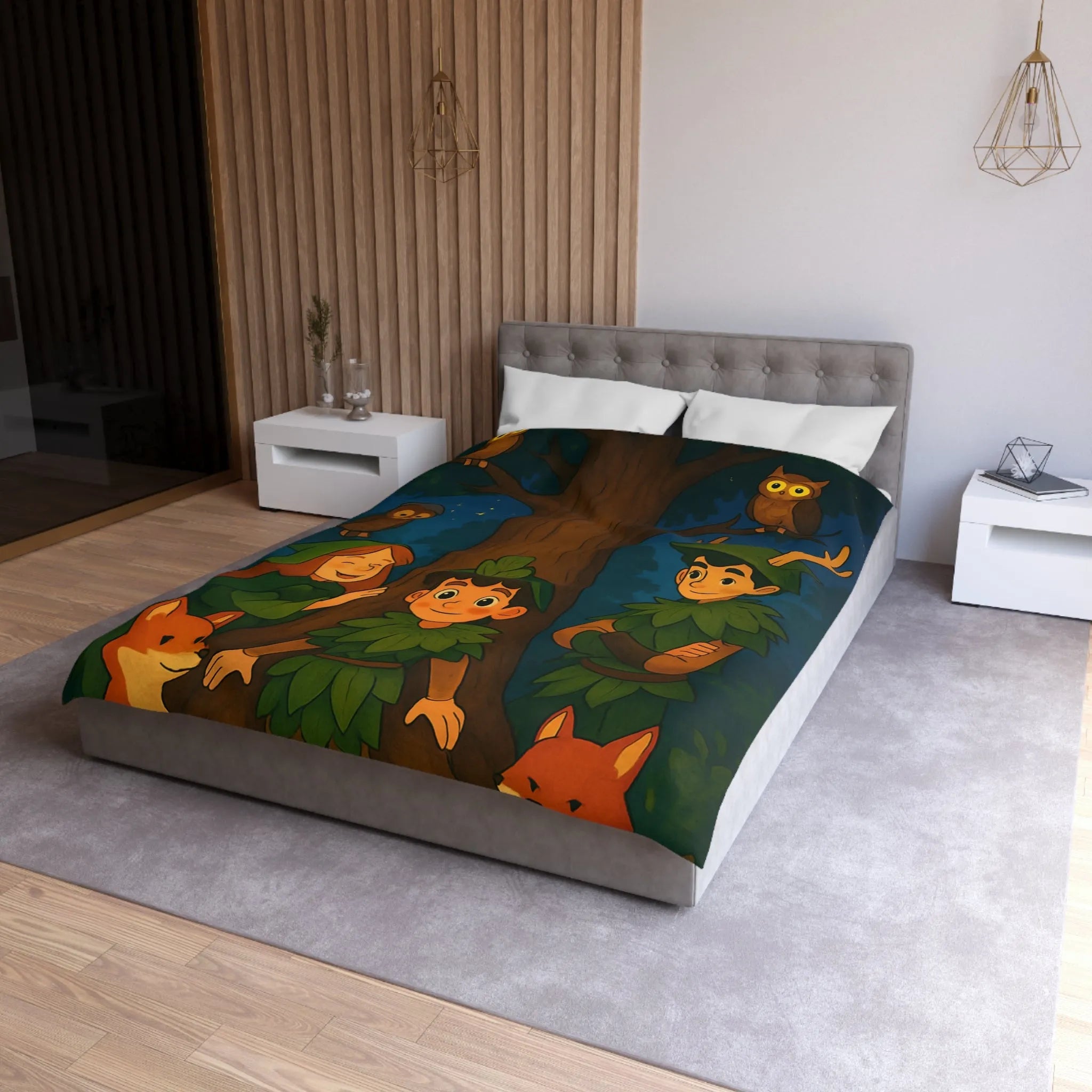 Housse de Couette Forêt Enchantée avec Animaux, Arbre et Enfants en Tenues Végétales