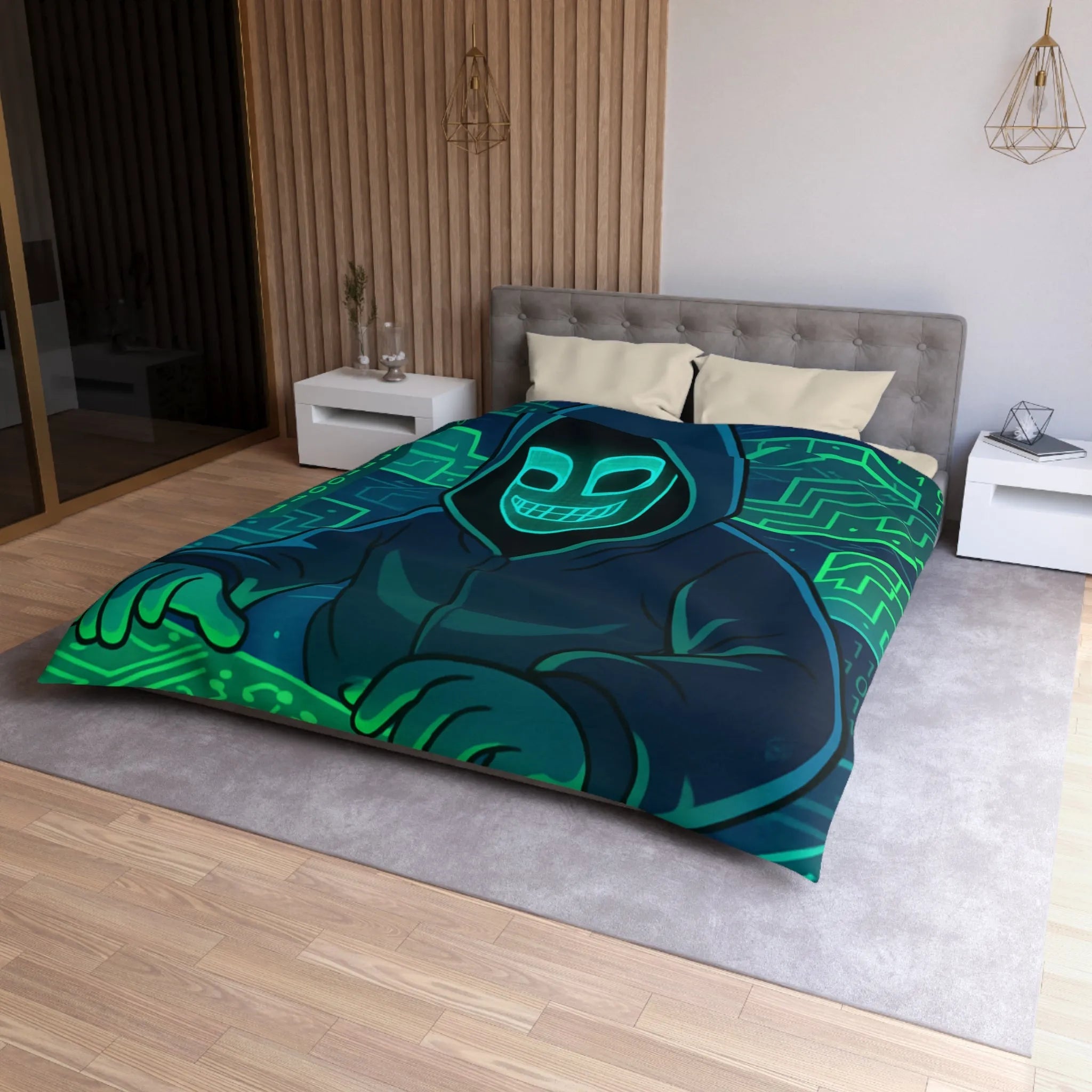 Housse de couette cyberpunk avec motif de hacker masqué et circuit numérique lumineux