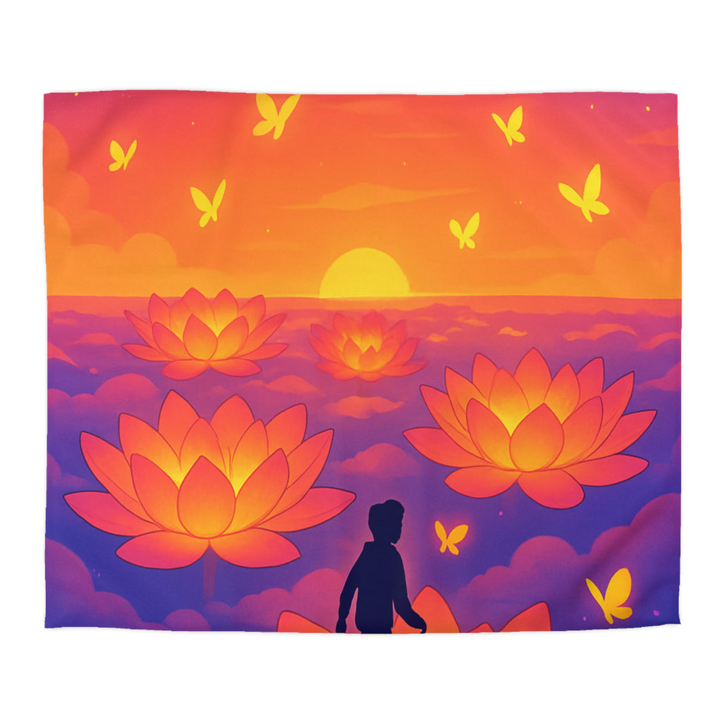 Housse de couette zen : Personne marchant sur fleur de lotus au coucher de soleil