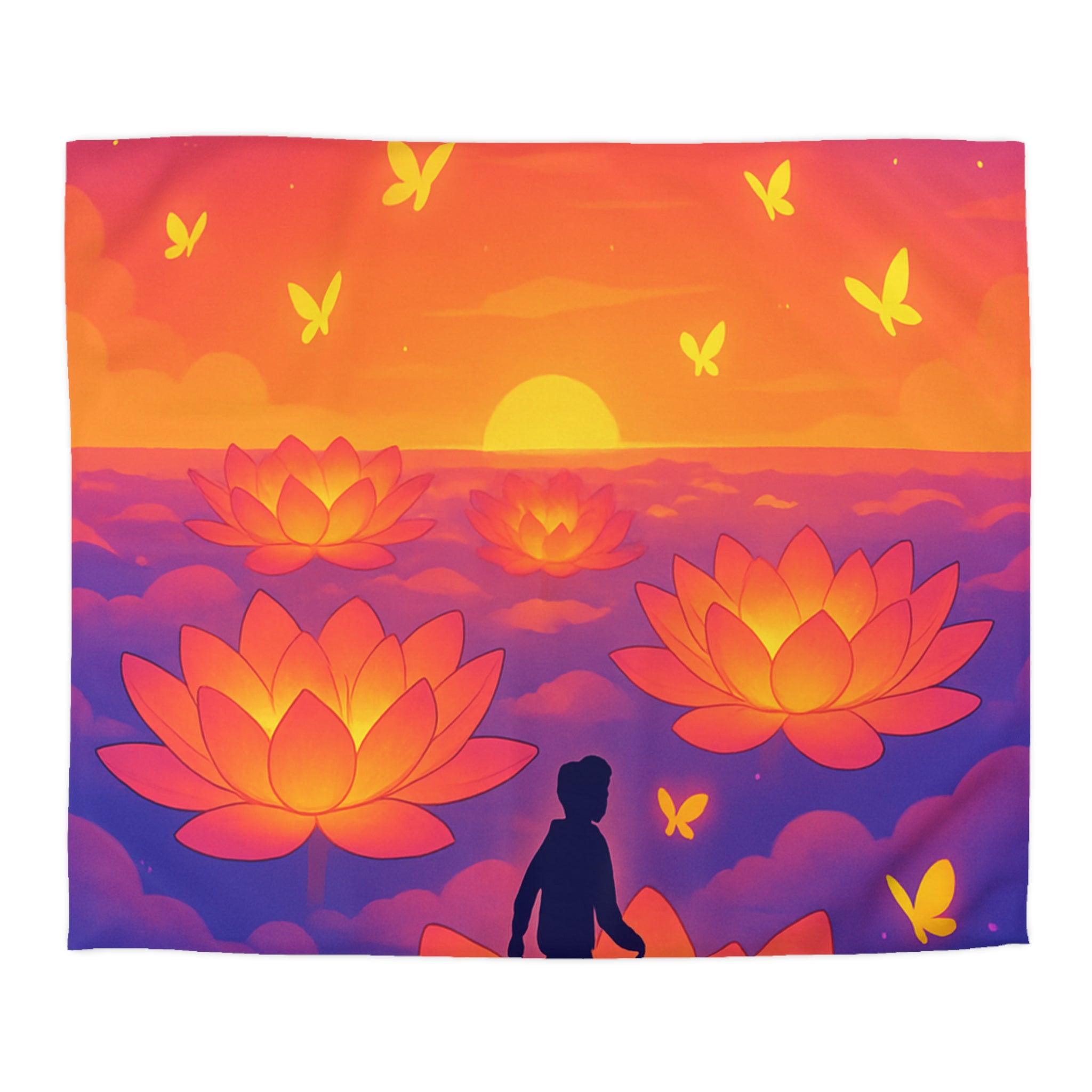 Housse de couette zen : Personne marchant sur fleur de lotus au coucher de soleil