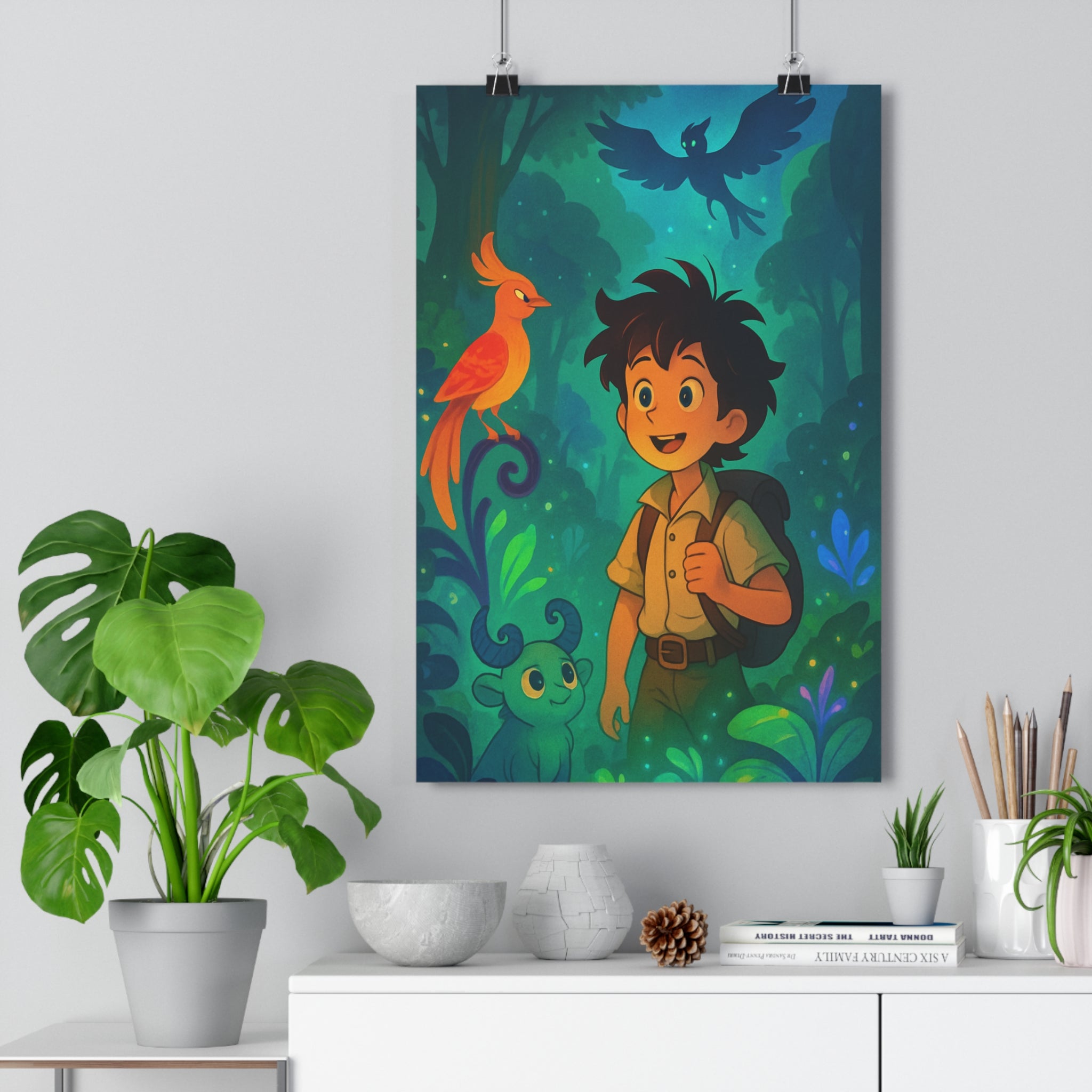 Poster décoratif enchanté cartoon vert orange mystique aventure enfant créatures forêt magique vibrant unique