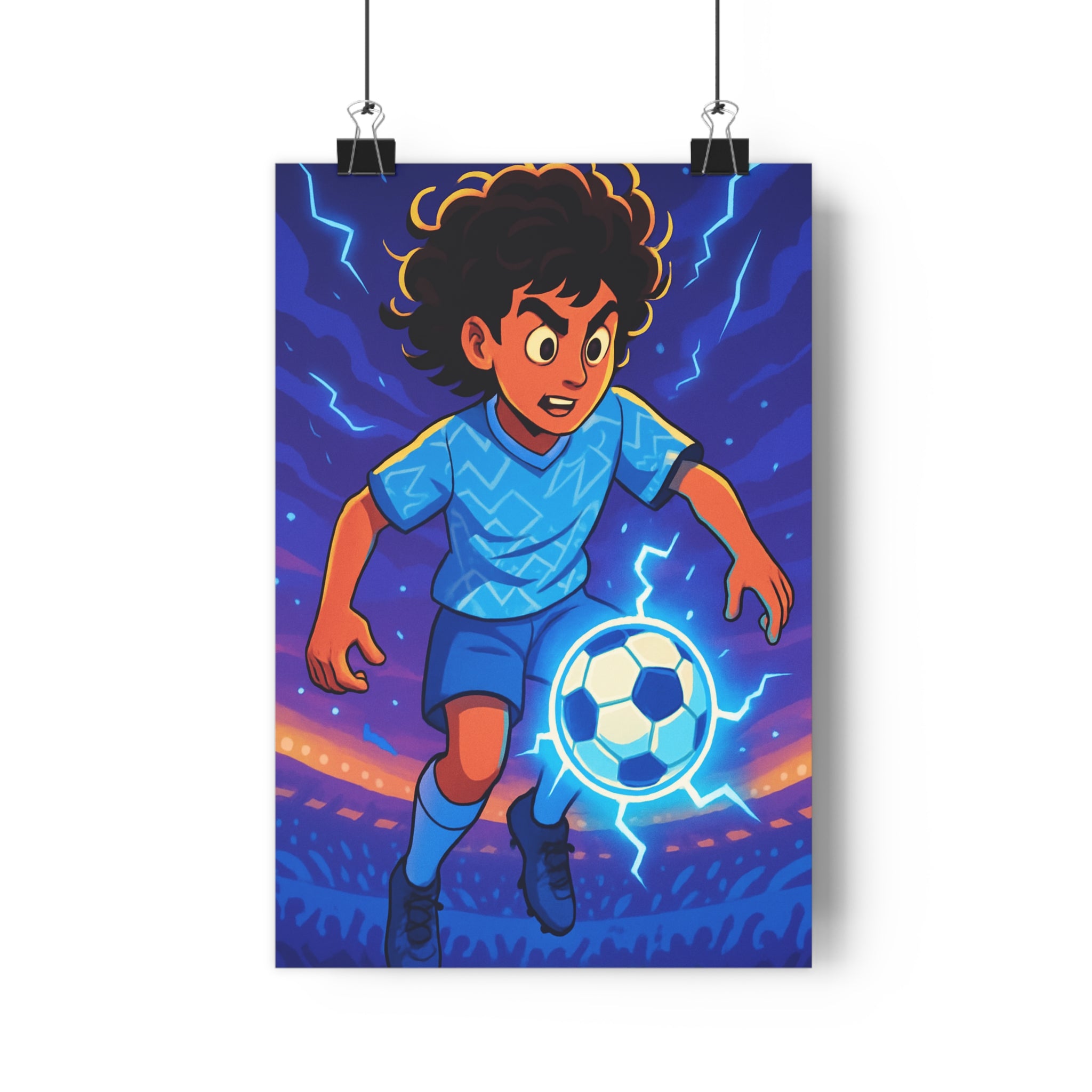 Poster décoratif football dessin animé bleu orange chambre enfant sport dynamique électrique ambiance éclatante