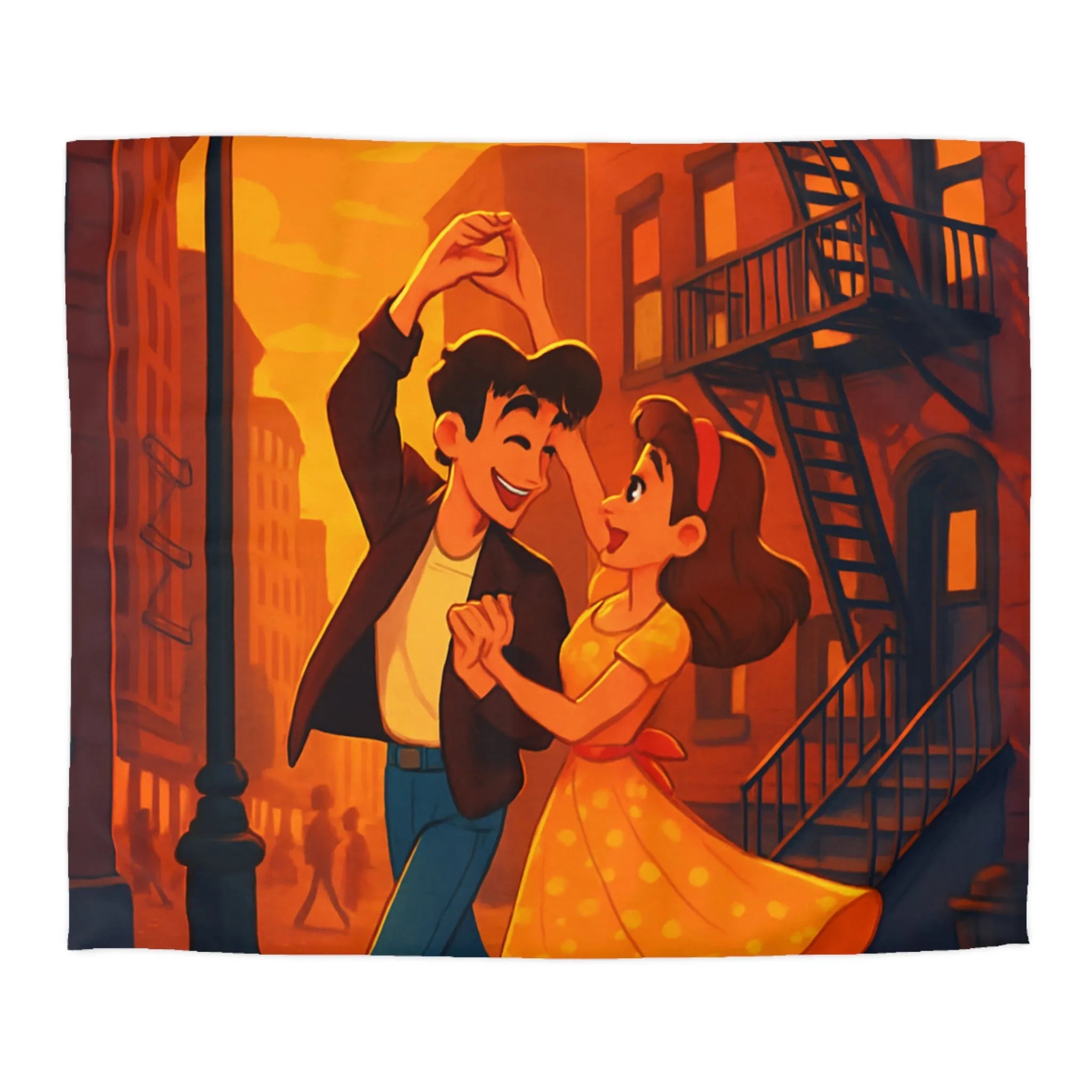 Danse romantique rétro sous réverbère vintage, ambiance urbaine crépusculaire charmante et nostalgique