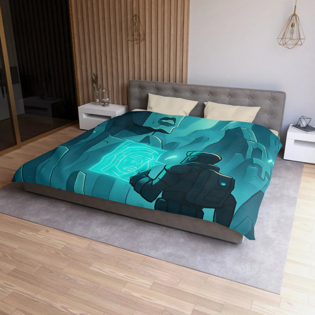 Housse de couette futuriste avec statues anciennes et explorateur dans une ambiance lumineuse néon