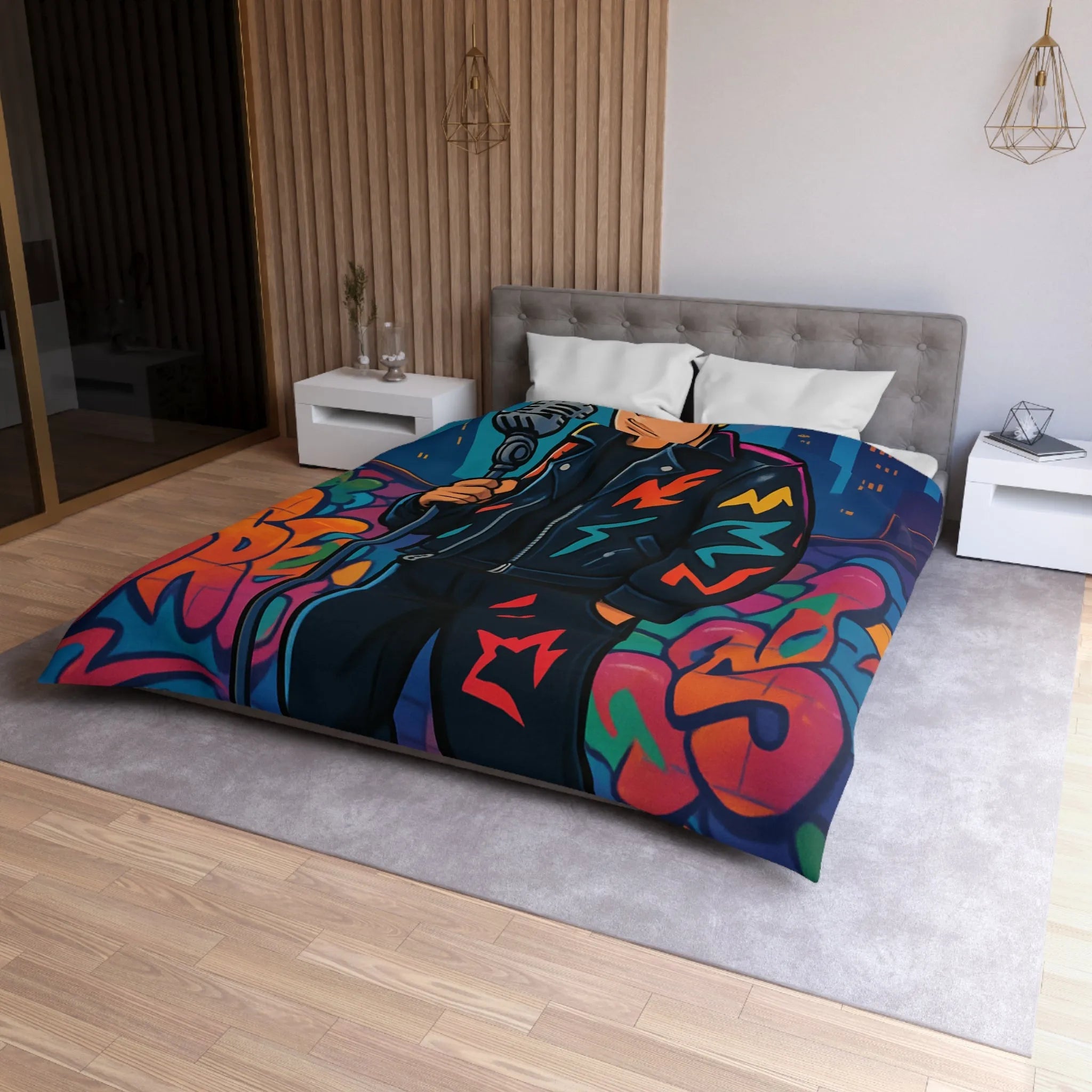 Housse de couette colorée graffiti style urbain avec chanteur devant micro rétro