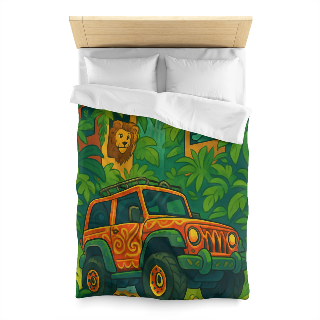 Housse de couette vibrante jungle aventure avec animaux et véhicule tout-terrain colorés