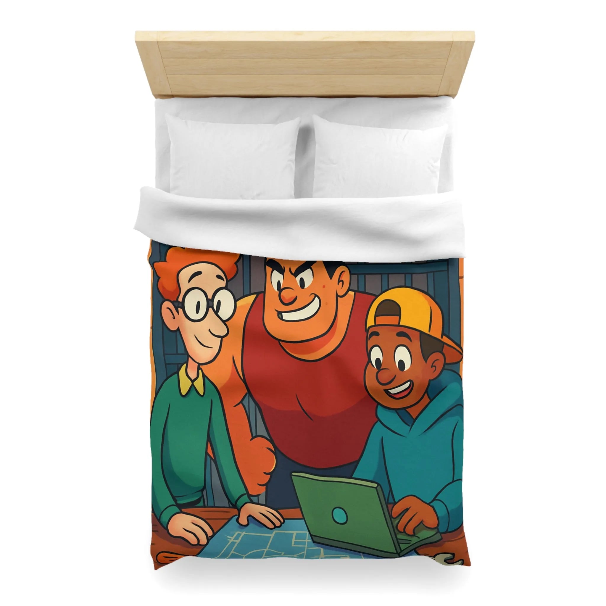 Housse de couette colorée avec plan et personnages animés souriants en arrière-plan