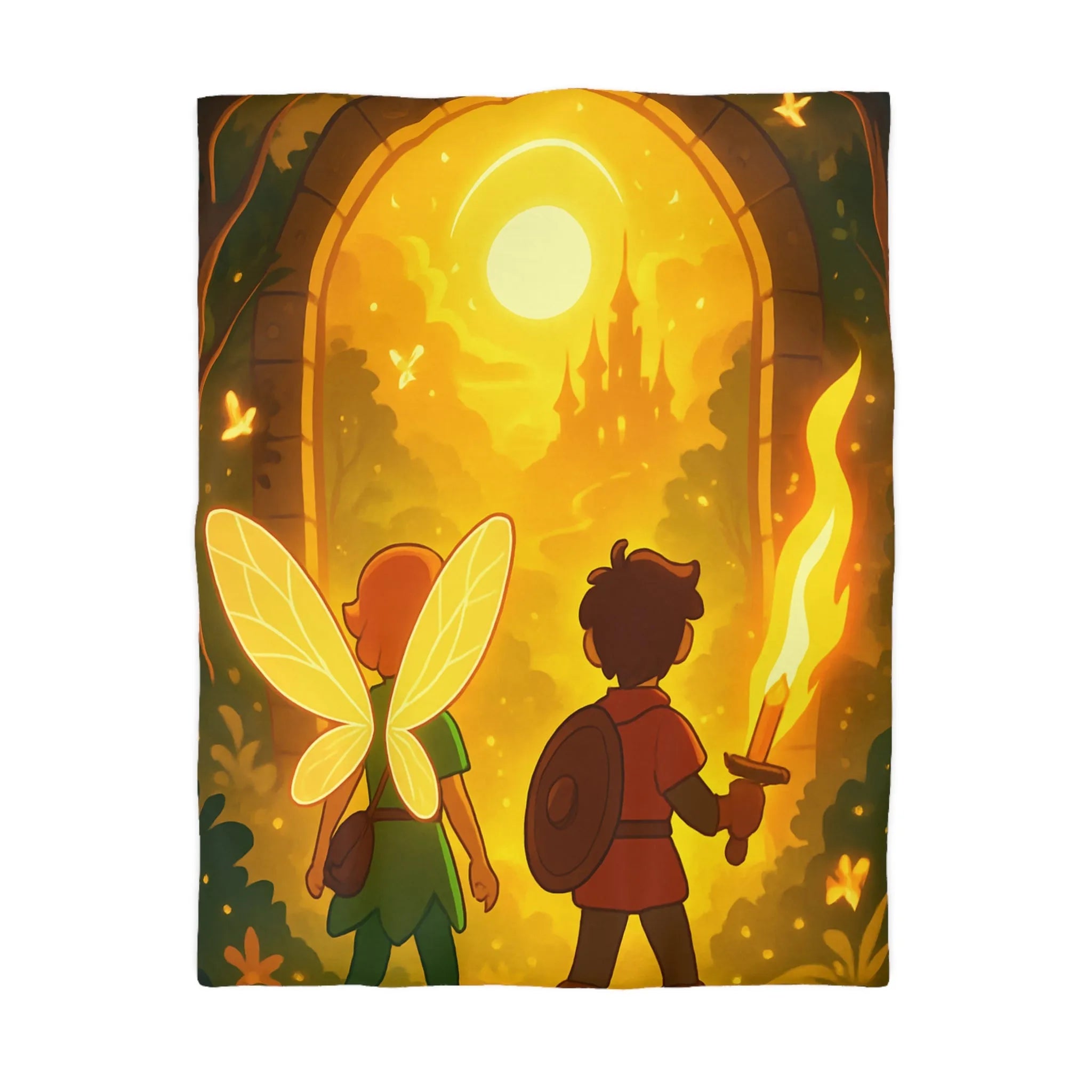 Housse de couette féerique avec fées et aventuriers dans une forêt enchantée magique