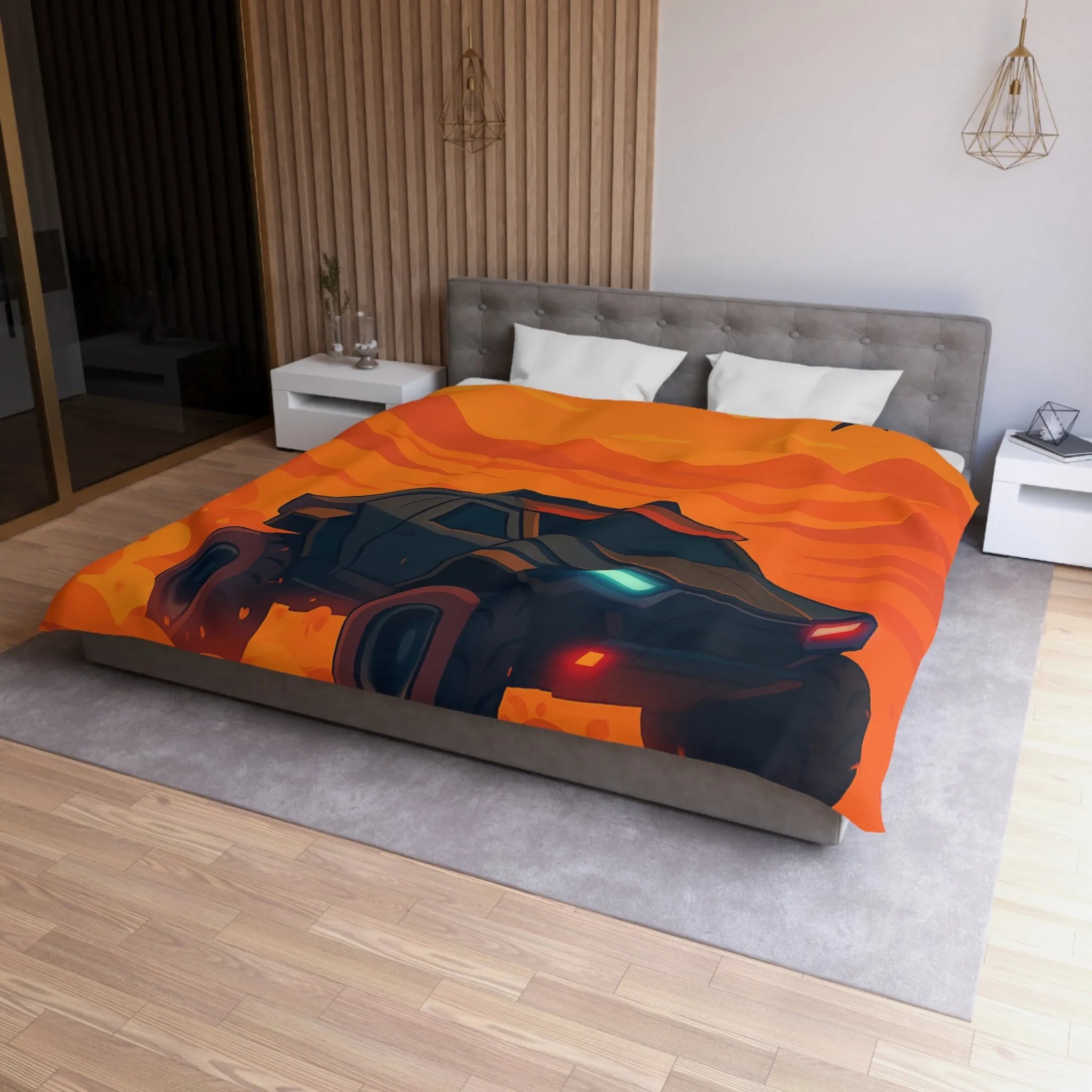 Housse de couette avec design de voiture tout-terrain dans désert orange au coucher du soleil