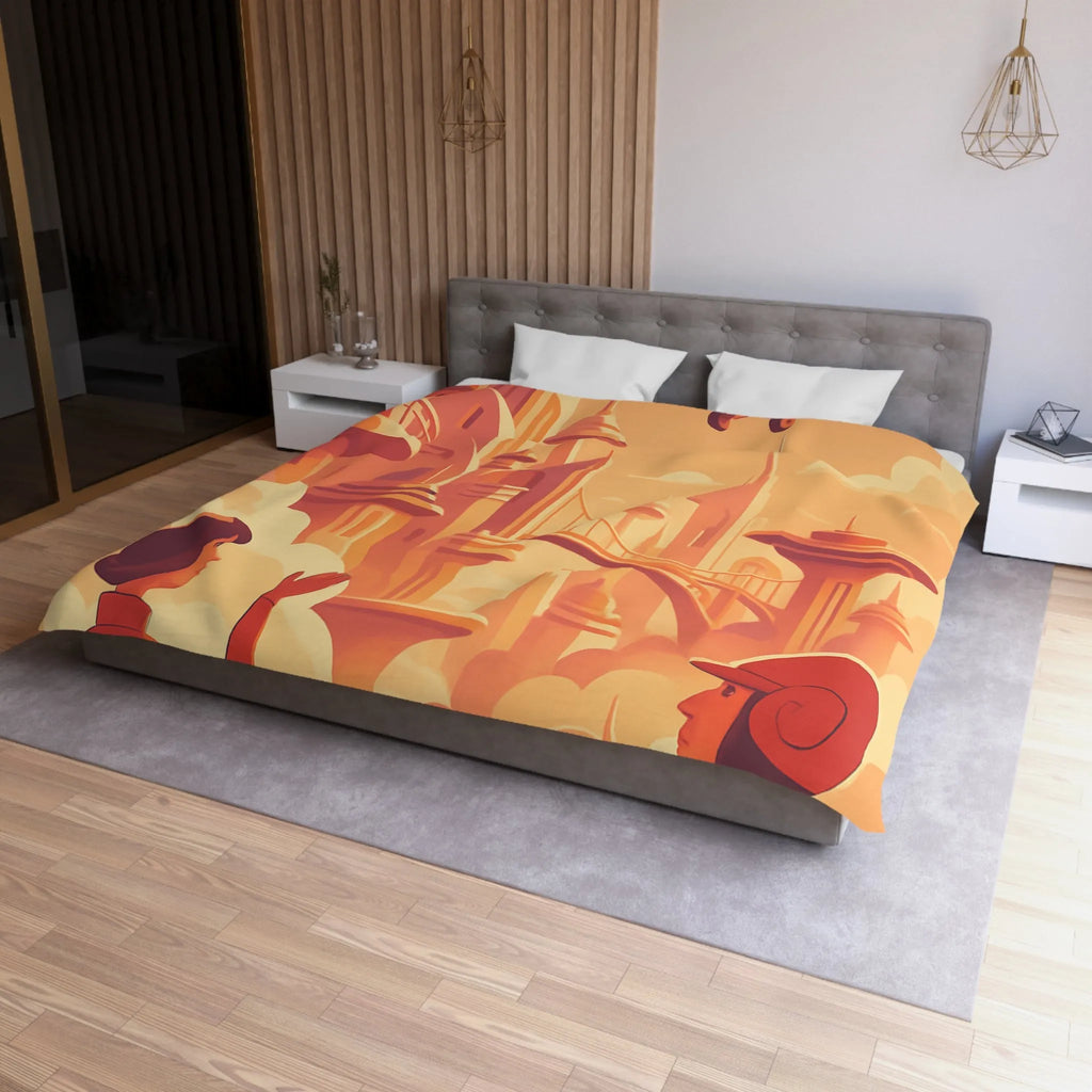 Housse de Couette Art Déco Futuriste avec Avion dans Ciel Orange et Ville Flottante