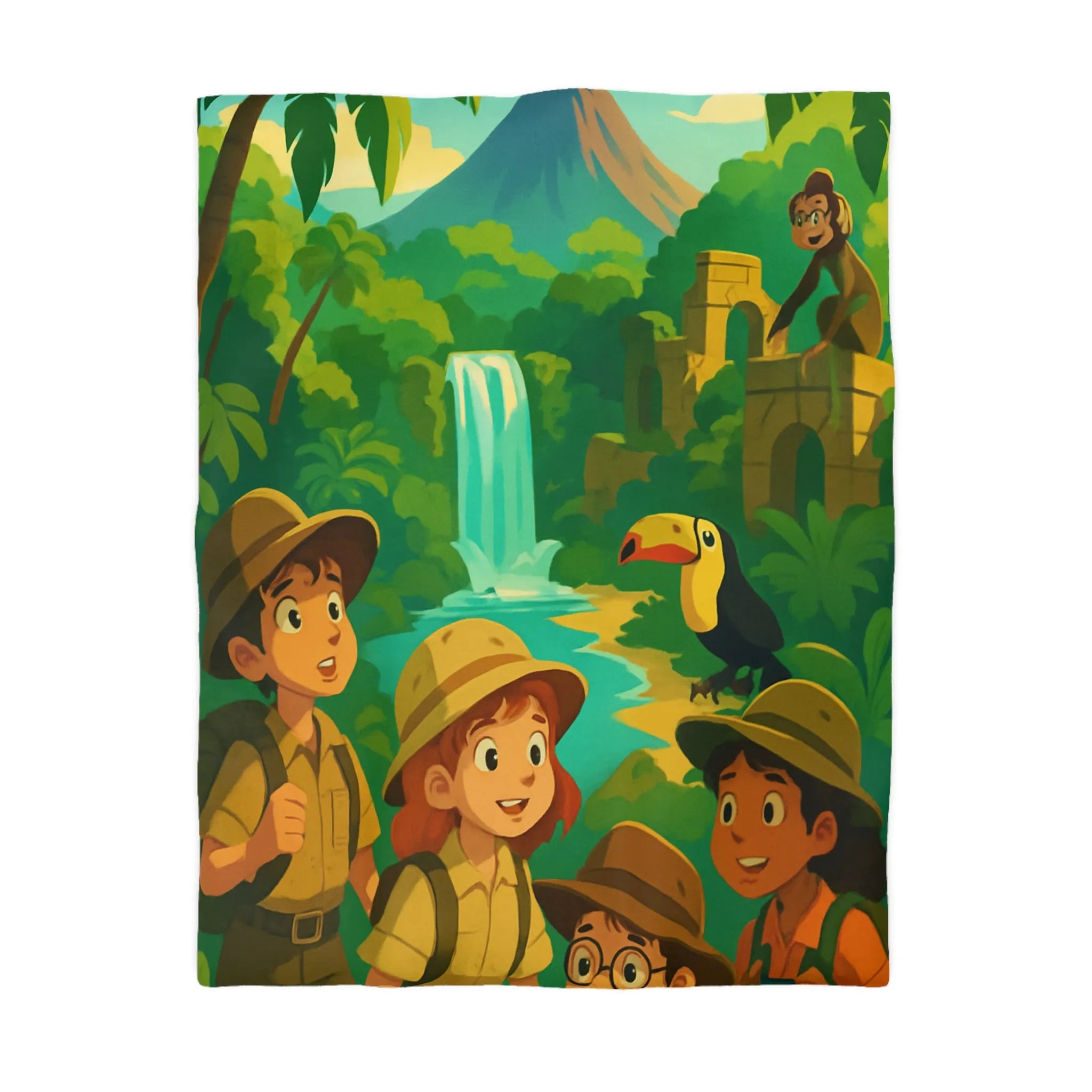 Housse de Couette Jungle Aventure Enfants avec Toucan, Monuments et Cascade Colorés