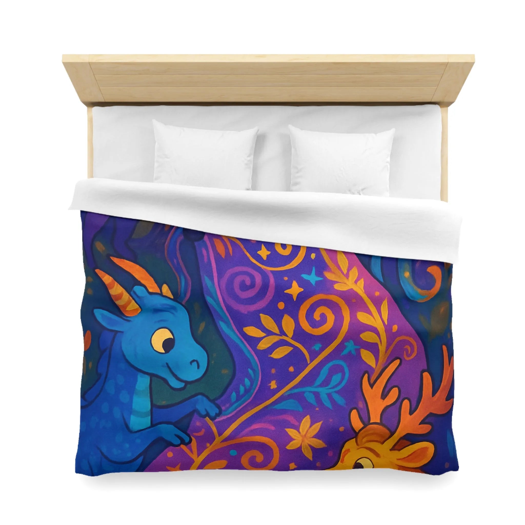 Housse de Couette Féérique Avec Créatures Magiques Colorées et Motif Floral Envoûtant