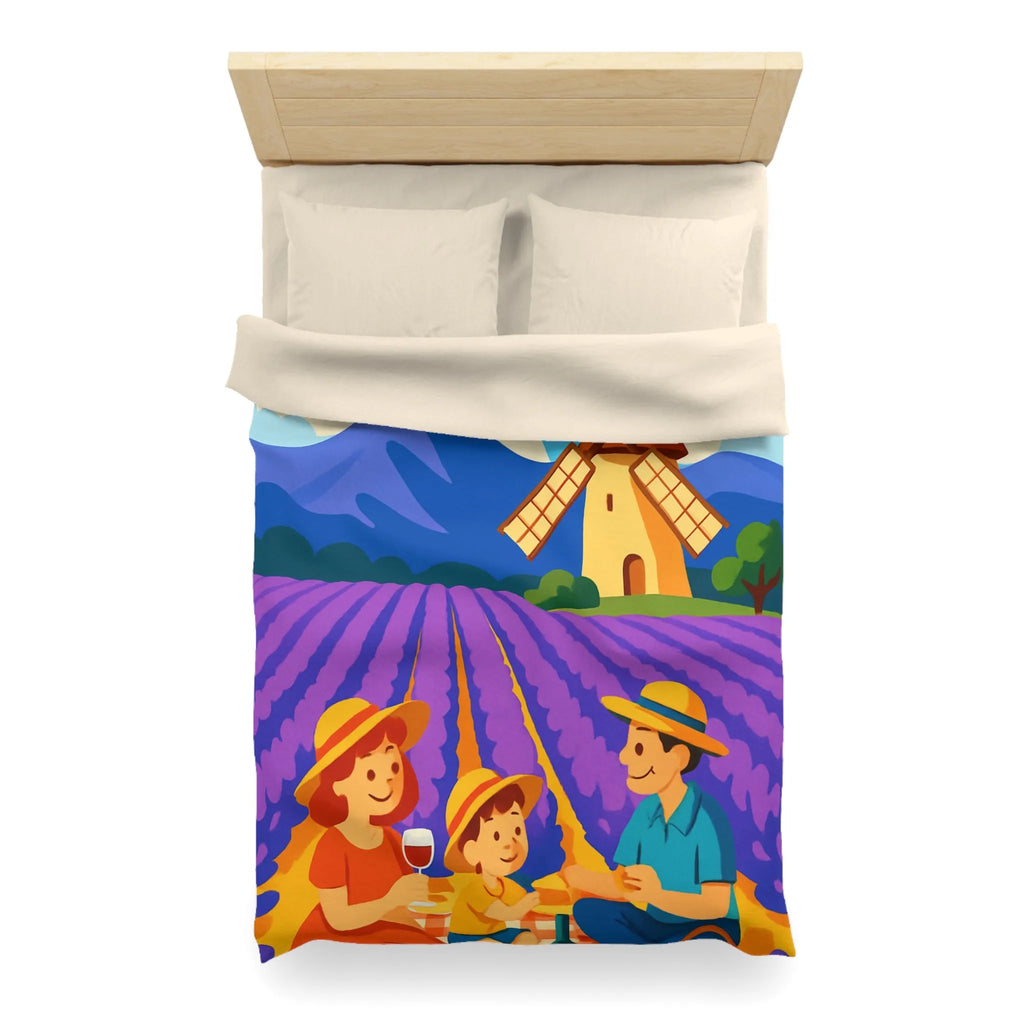 Housse de Couette Illustrée Scène de Pique-Nique en Provence avec Moulin à Vent