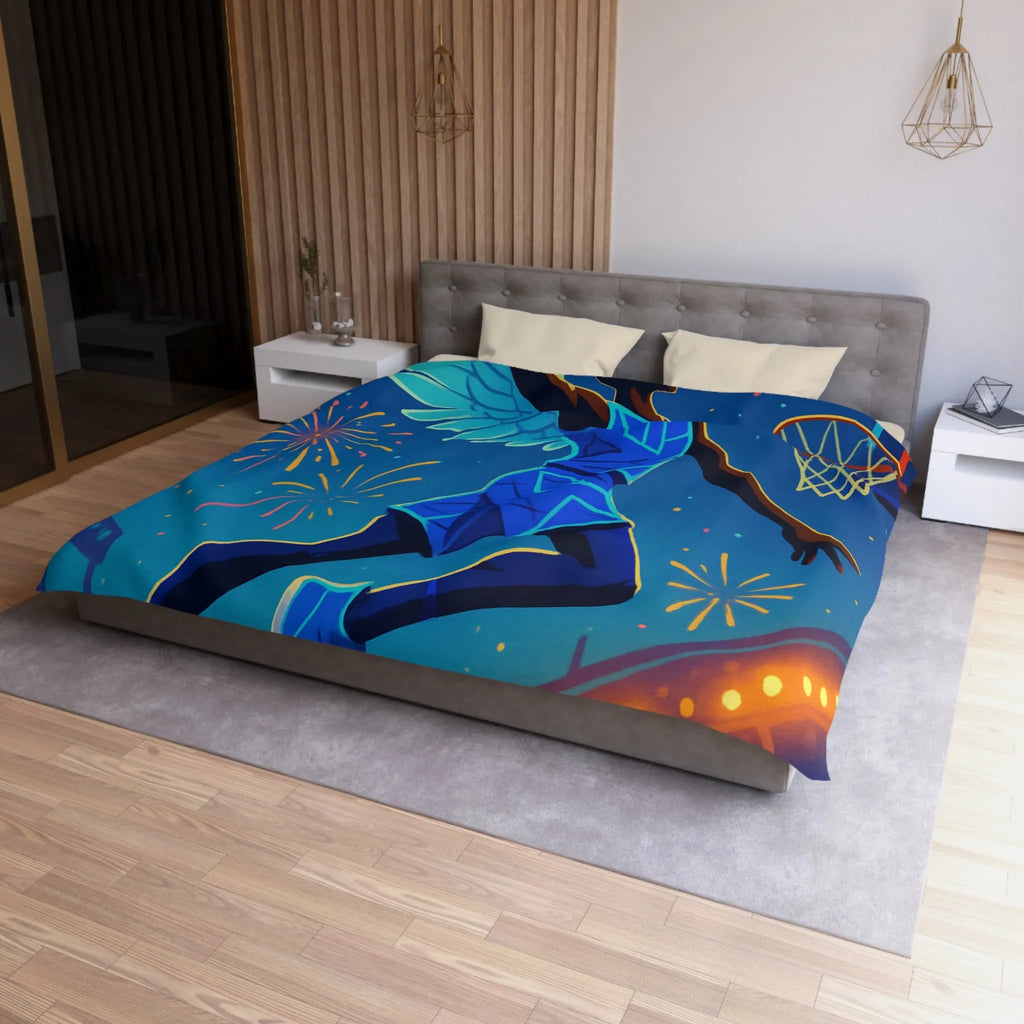 Housse de couette avec joueur de basket volant sous un ciel étoilé lumineux