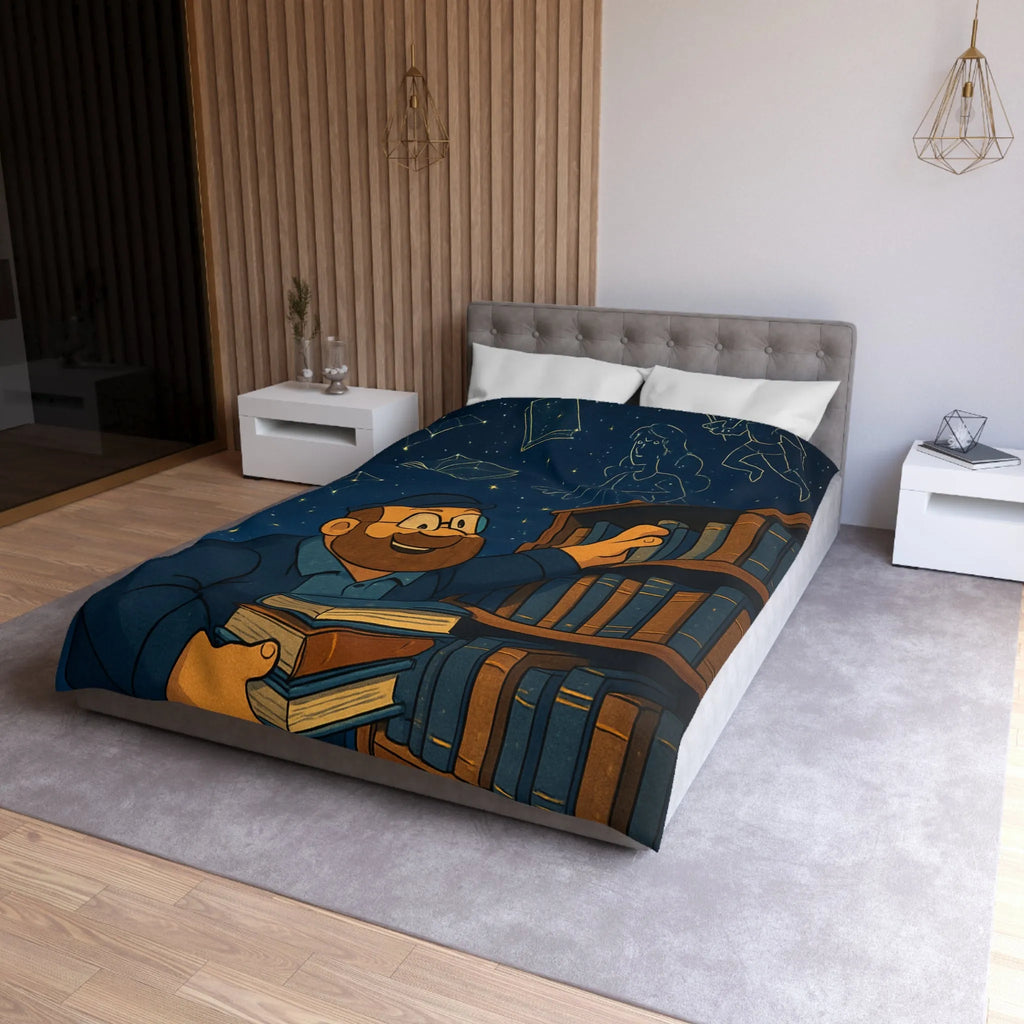 Housse de couette magique avec bibliothécaire sous ciel étoilé et livres animés