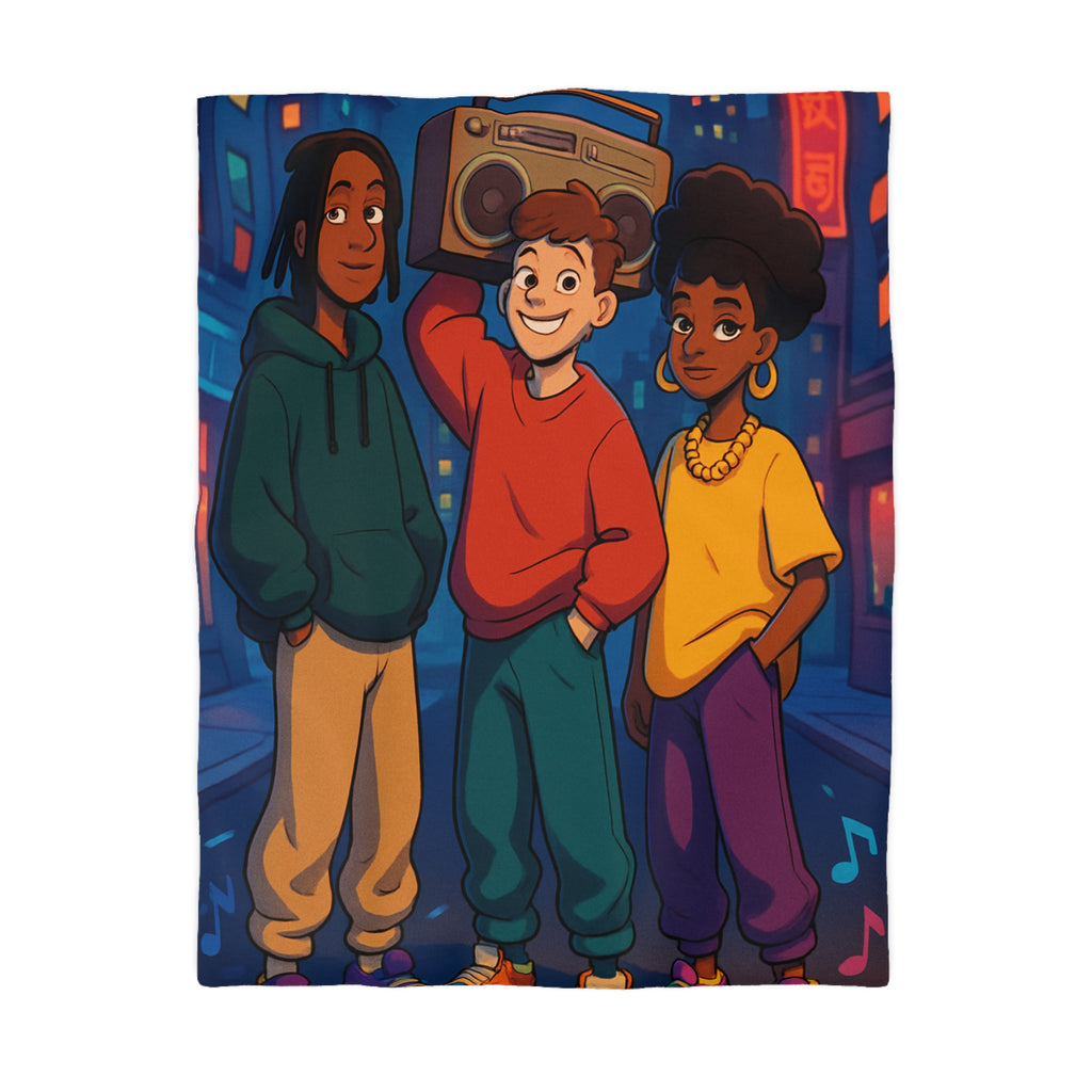 Housse de couette urbaine colorée avec adolescents et radio cassette dans la rue nocturne