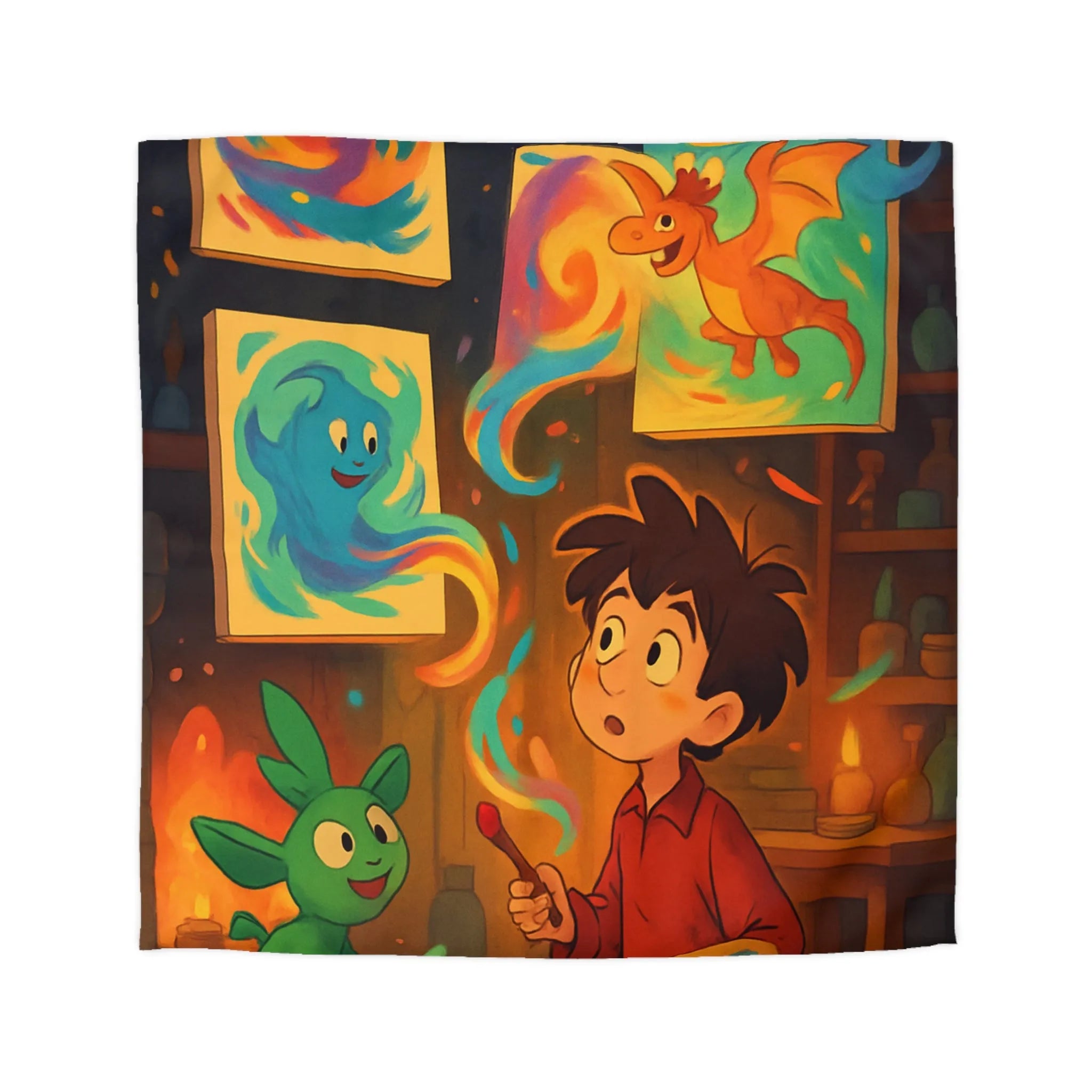 Housse de couette magique illustrant un artiste jeunesse avec créatures fantastiques et peintures lumineuses