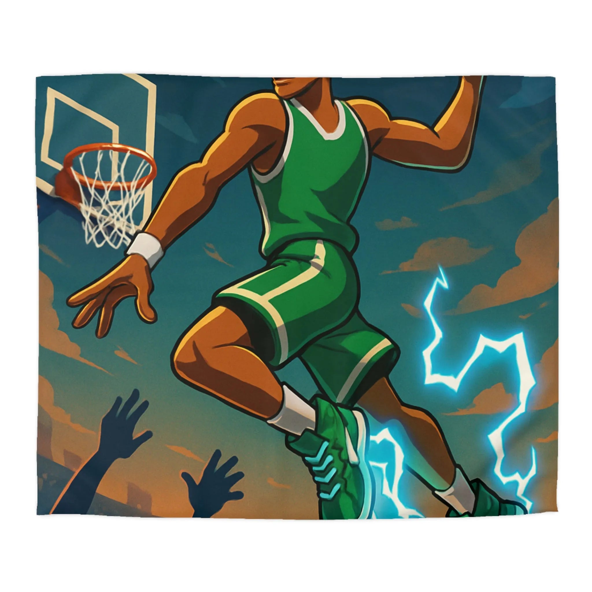 Housse de couette basket dynamique avec joueur en plein slam dunk lumineux