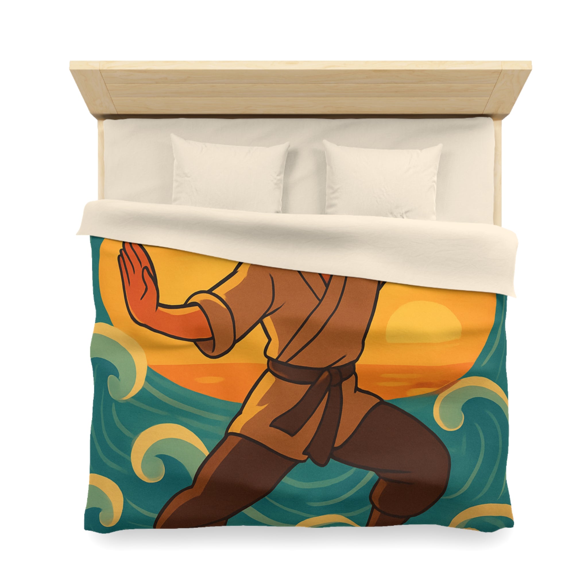 Housse de Couette Style Japonais Art Martial Coucher de Soleil et Océan Bleu