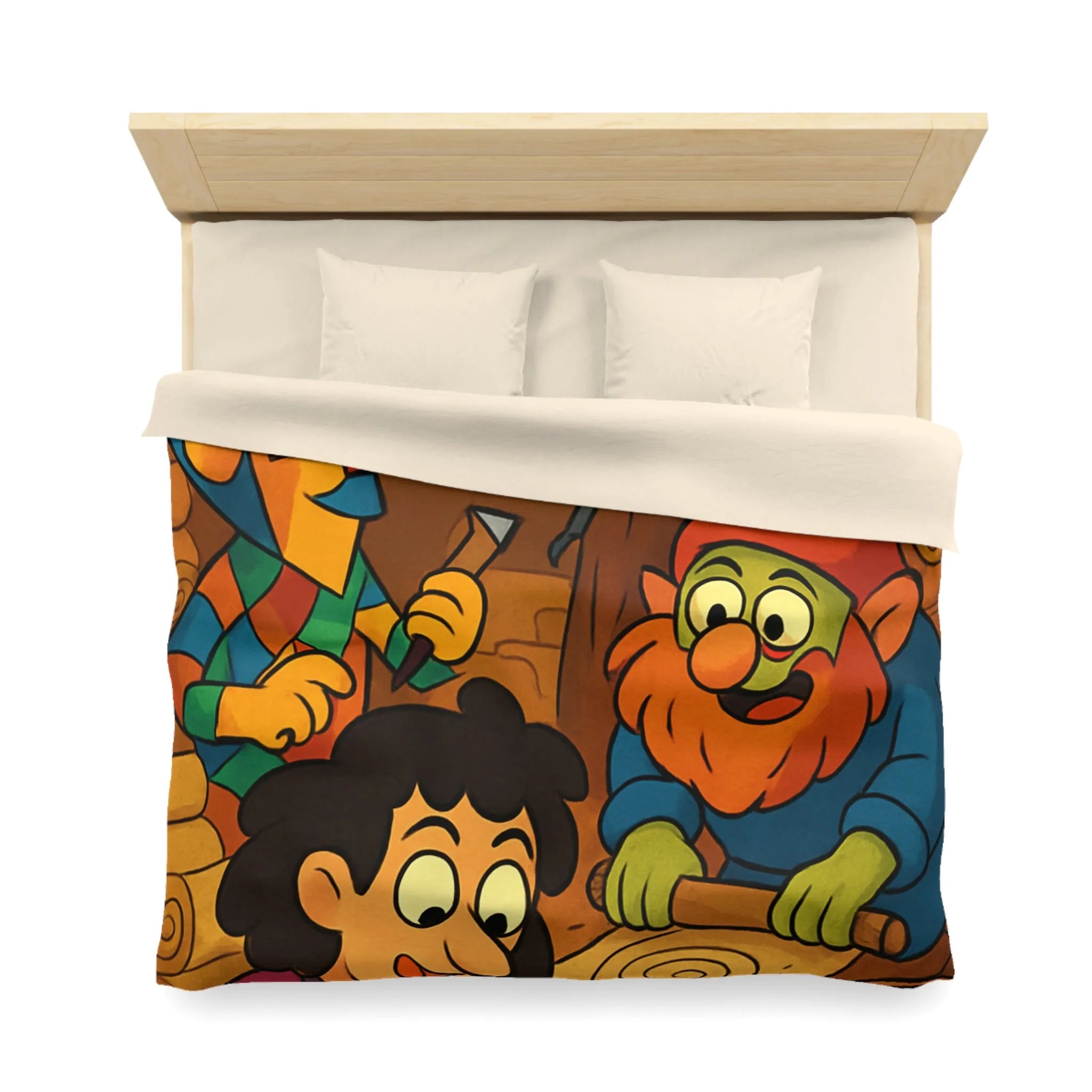 Housse de couette illustrée ambiance atelier fantasy avec gnomes et textures chaleureuses colorées