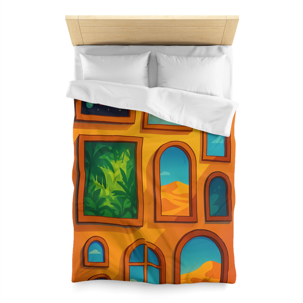 Housse de couette vibrante avec fenêtres sur l'univers et paysages exotiques