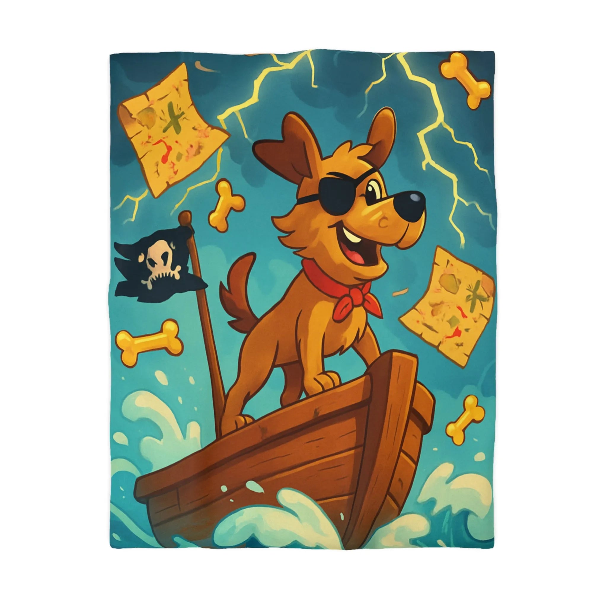 Housse de couette avec chien pirate, mer agitée, cartes et os flottants