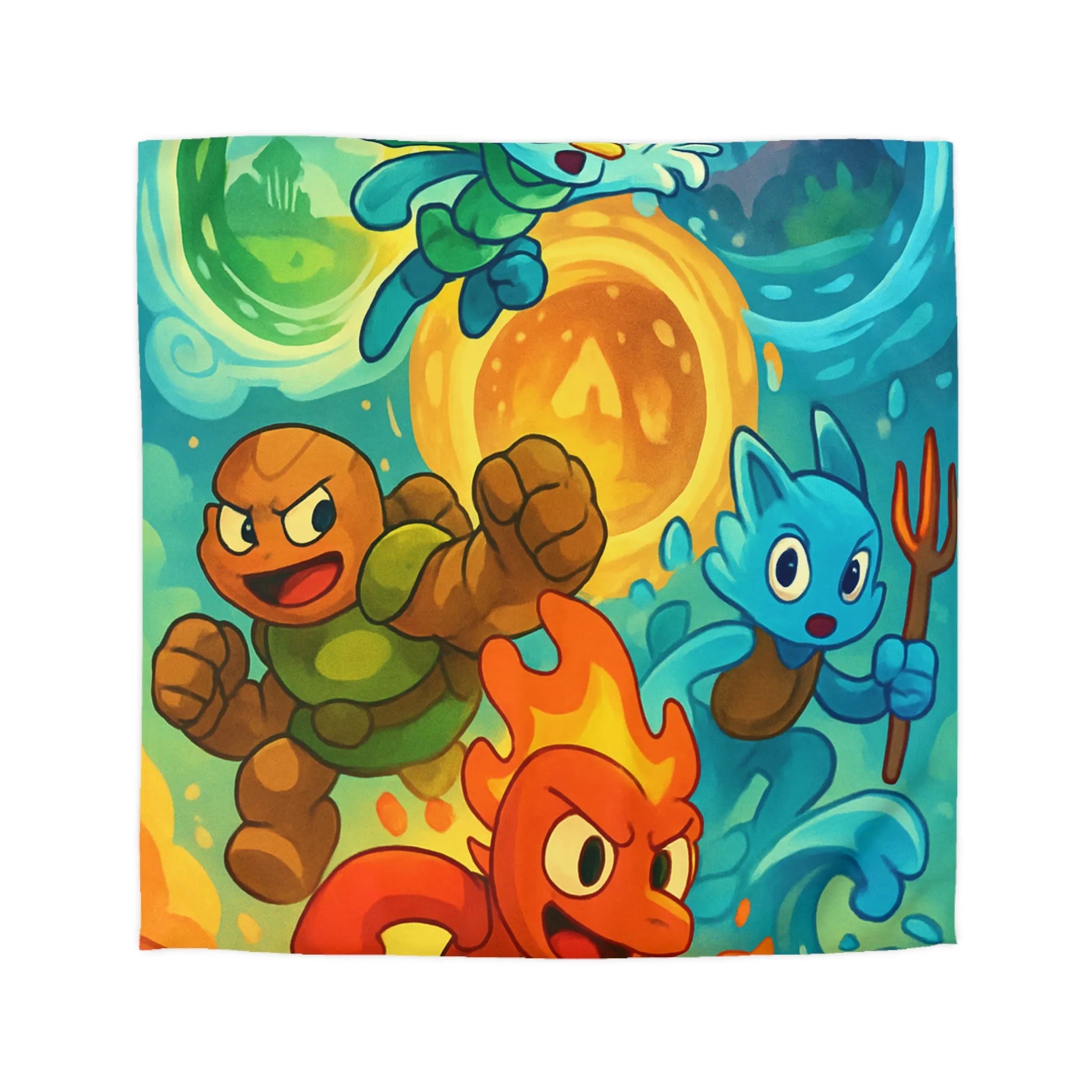 Housse de couette colorée avec motif de personnages d'éléments dans style aventure fantastique