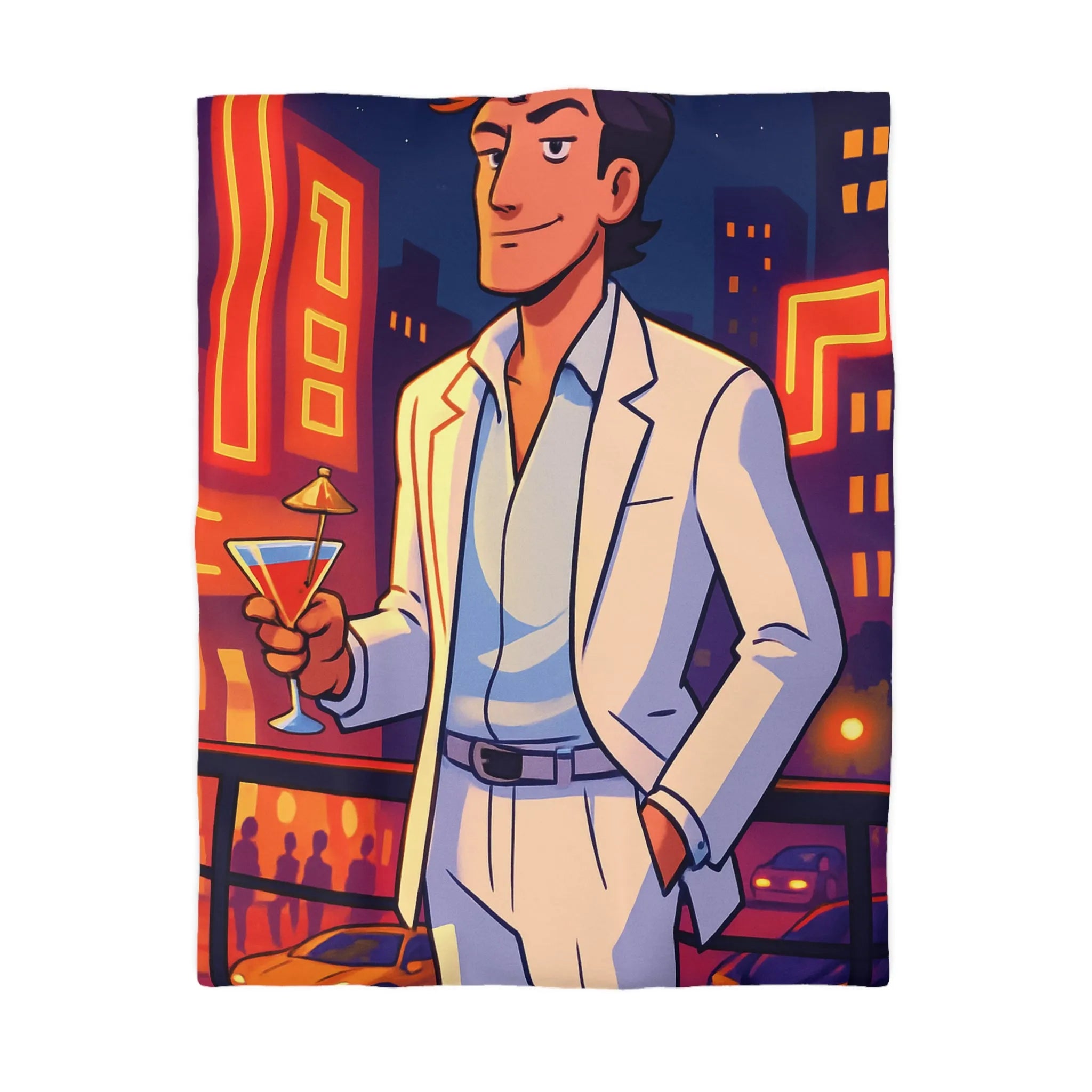 Housse de Couette Élégante avec Illustration Nocturne, Martini et Élégant Costume Blanc