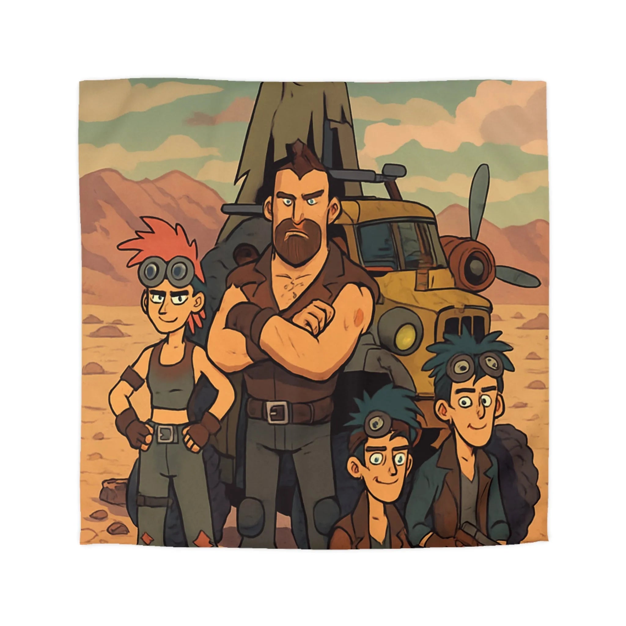 Housse de couette aventure désertique avec personnages et véhicule, style post-apocalyptique