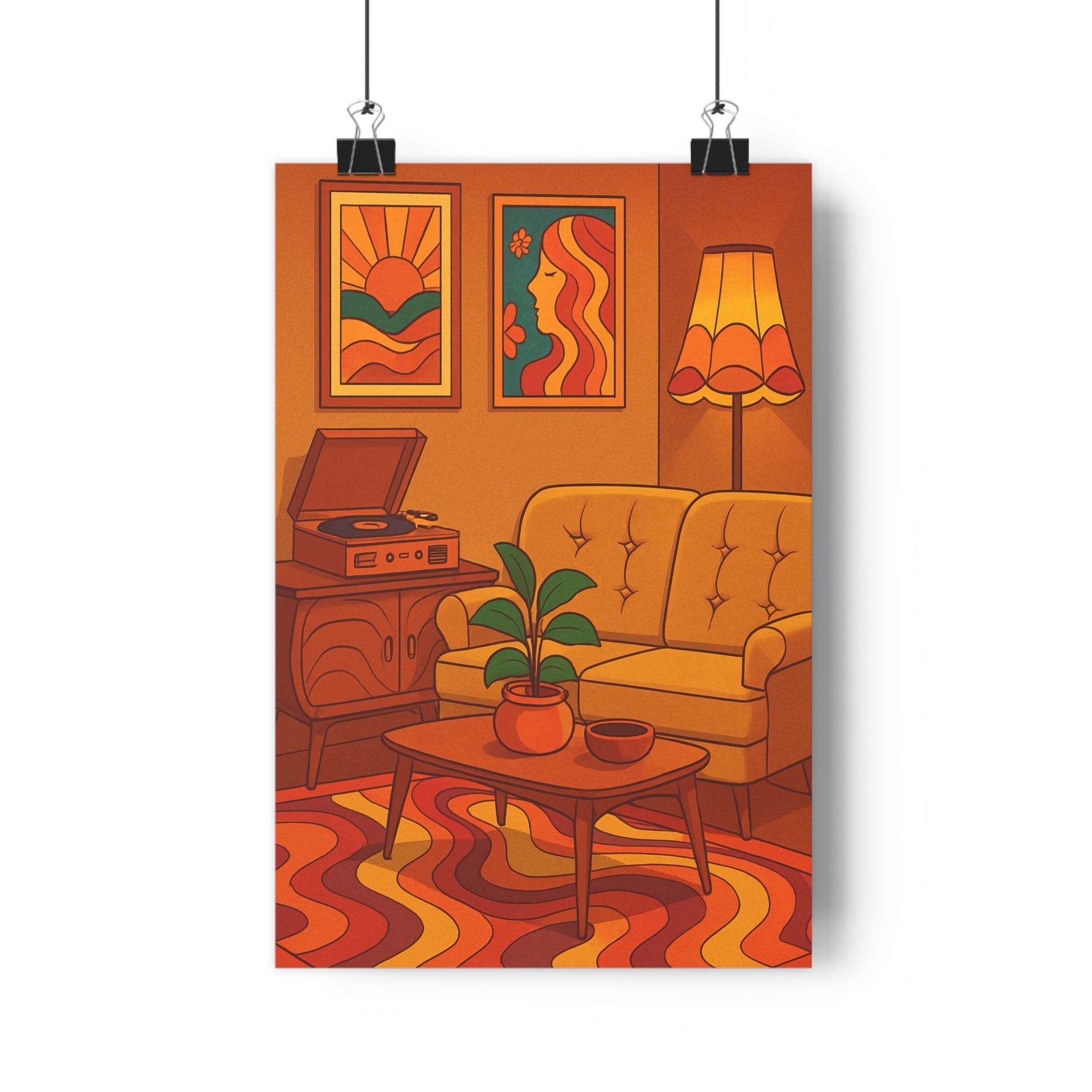 Poster décoratif rétro jaune moutarde vintage salon cartoon joyeux canapé lampe bois plante tableau