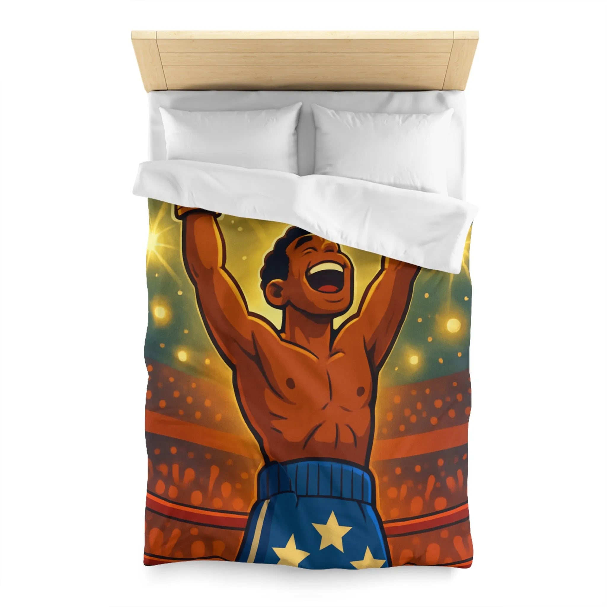 Housse de couette colorée avec boxeur victorieux et étoiles lumineuses illustrées