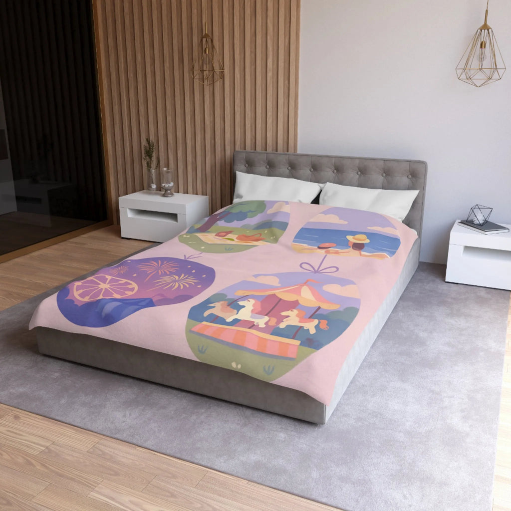 Douce Housse de Couette avec Scènes de Nature et Loisir Pastel Évoquant Sérénité