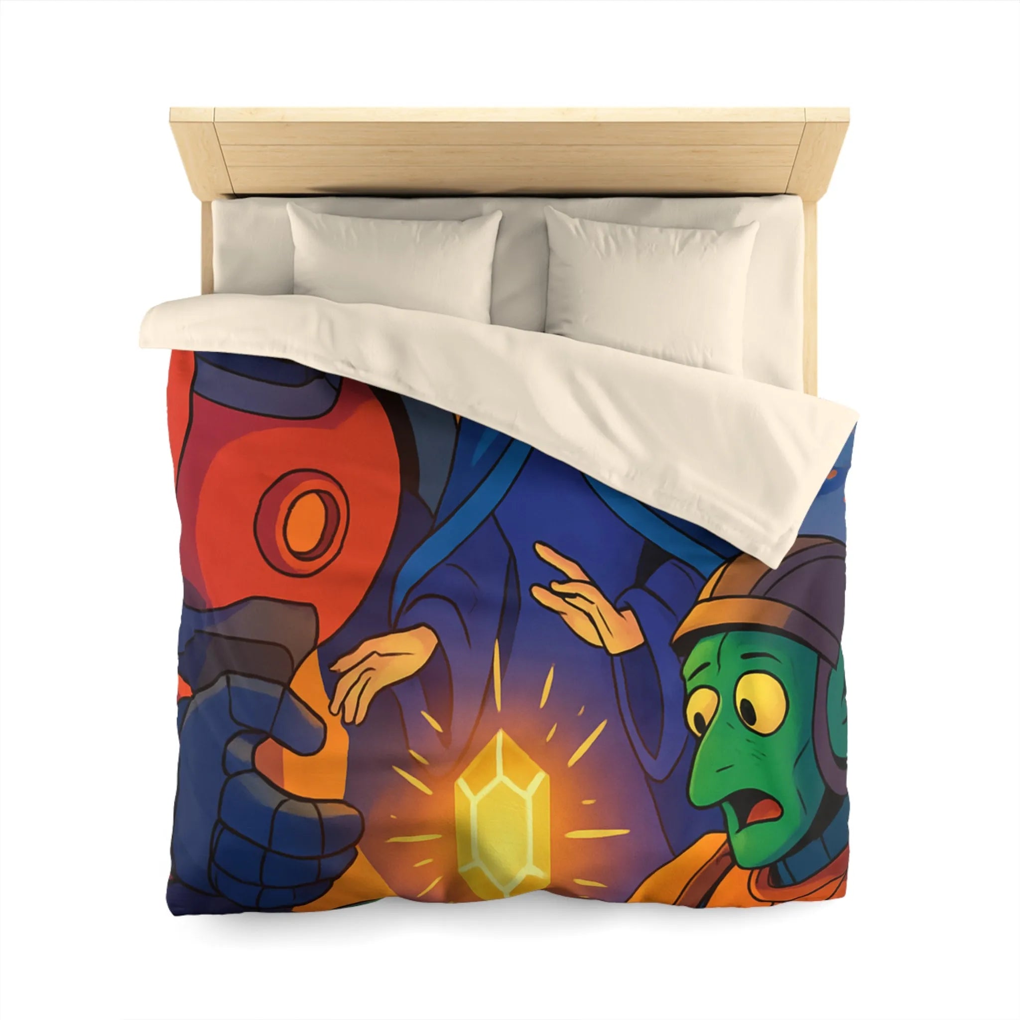 Housse de couette colorée avec illustration futuriste d'artefact mystérieux et personnages intrigants