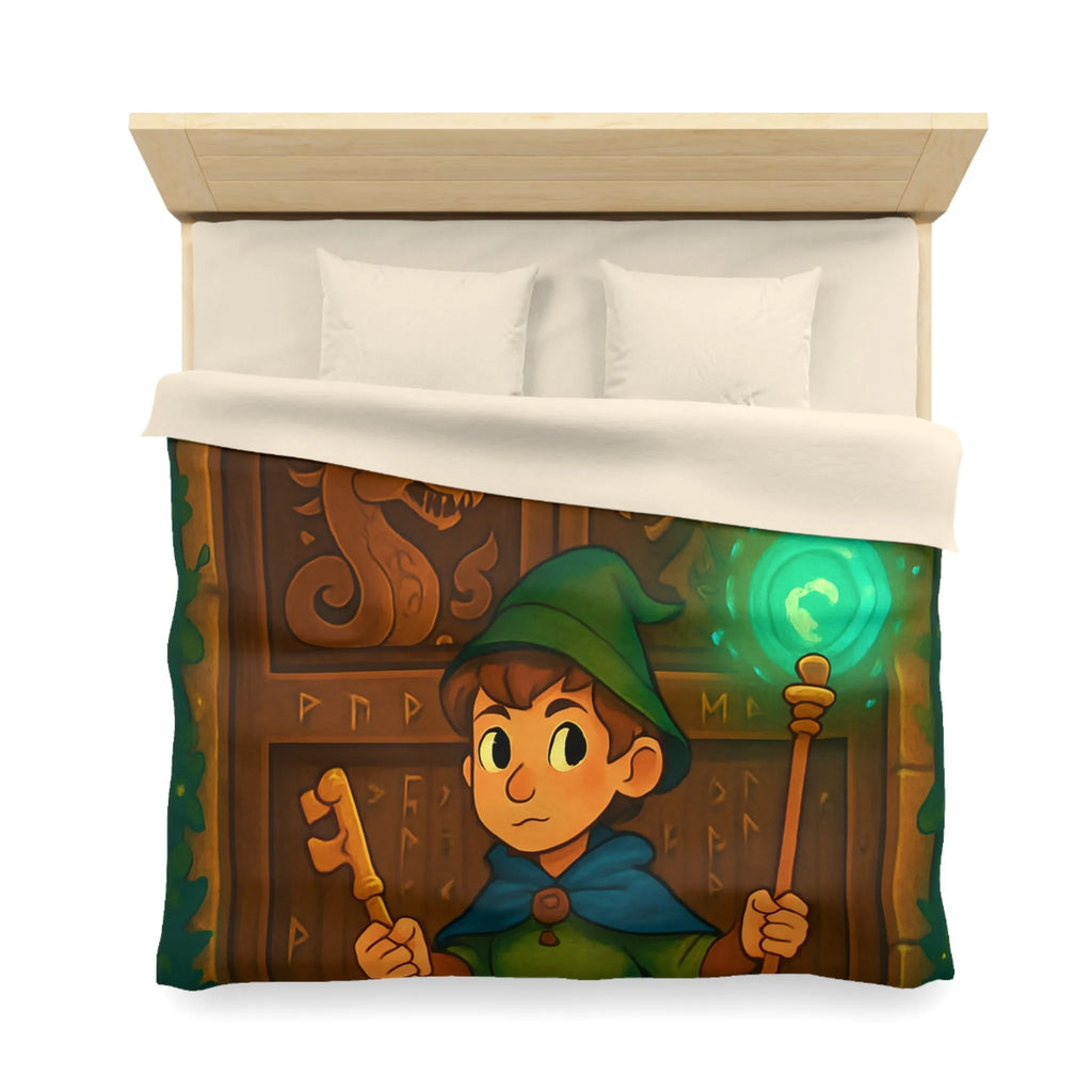 Housse de couette avec illustration enchantée de sorcier devant porte mystérieuse boisée