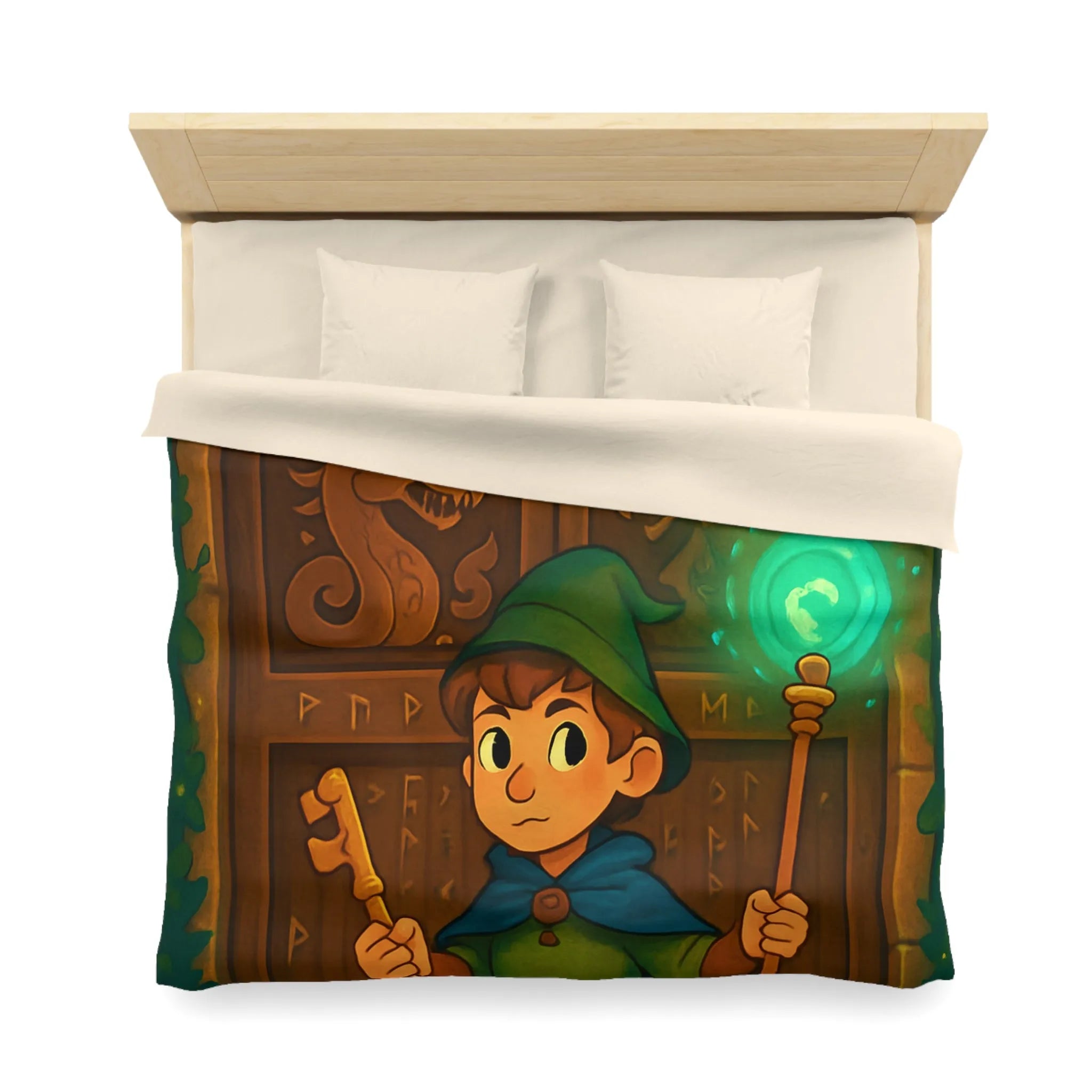 Housse de couette avec illustration enchantée de sorcier devant porte mystérieuse boisée