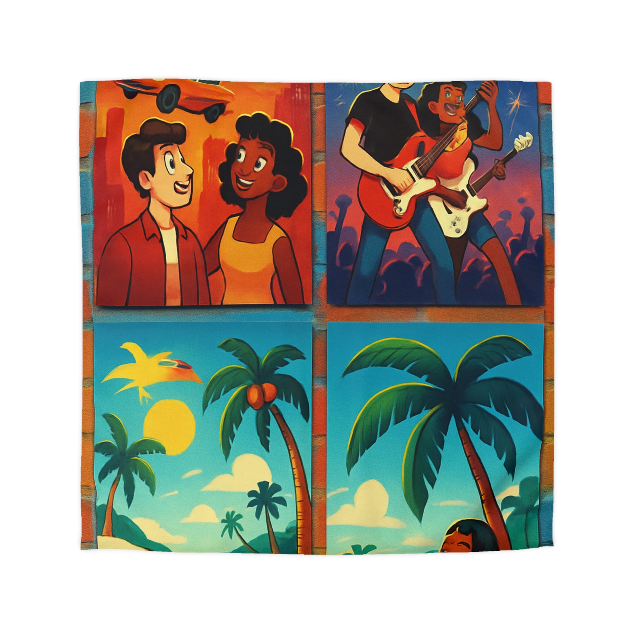 Vivid Tropical Scene with Cars, Fireworks, and Joyful Festivities for Colorful Bedroom Decor