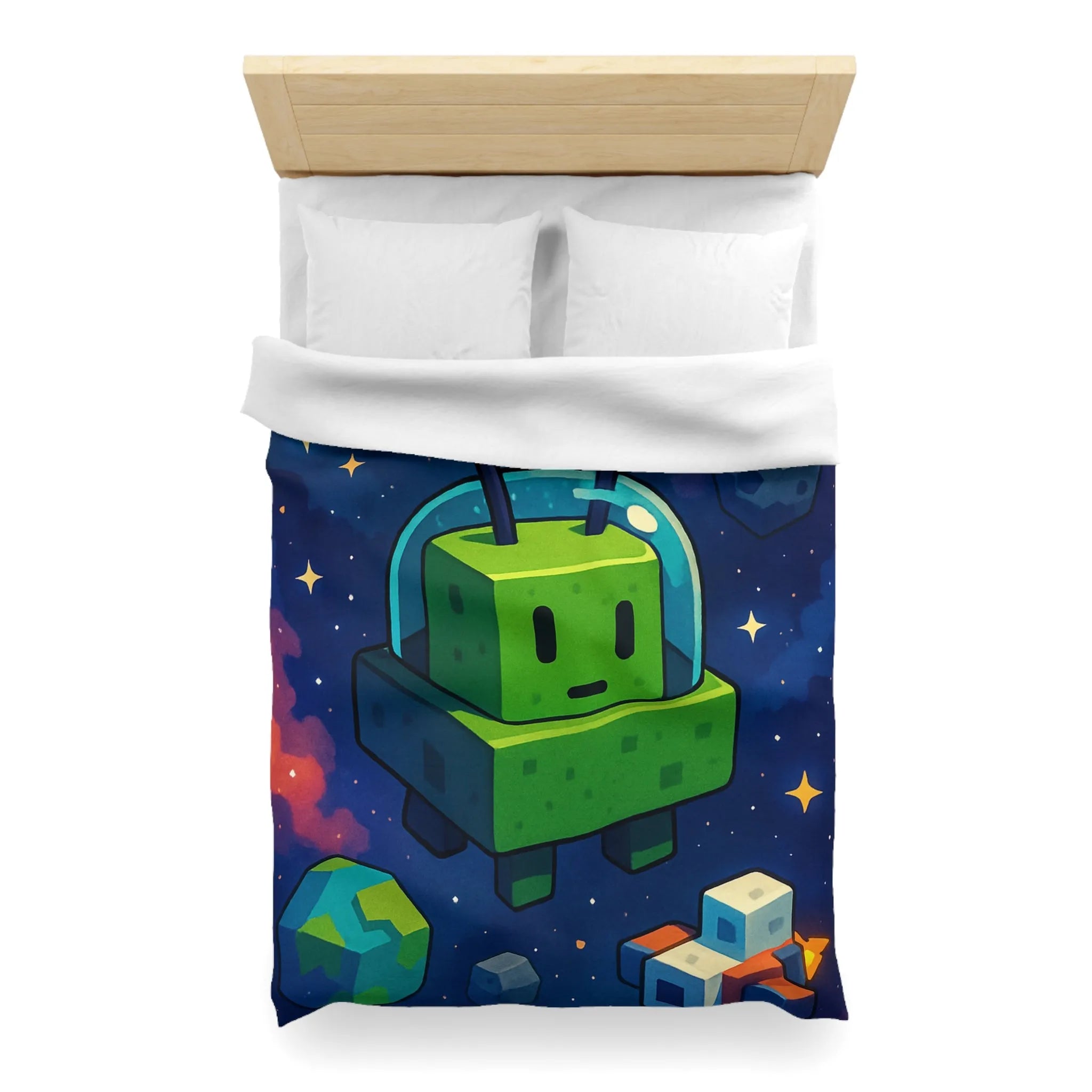 Housse de Couette Cosmos mignon extraterrestre vert cubique et planètes pixelisées