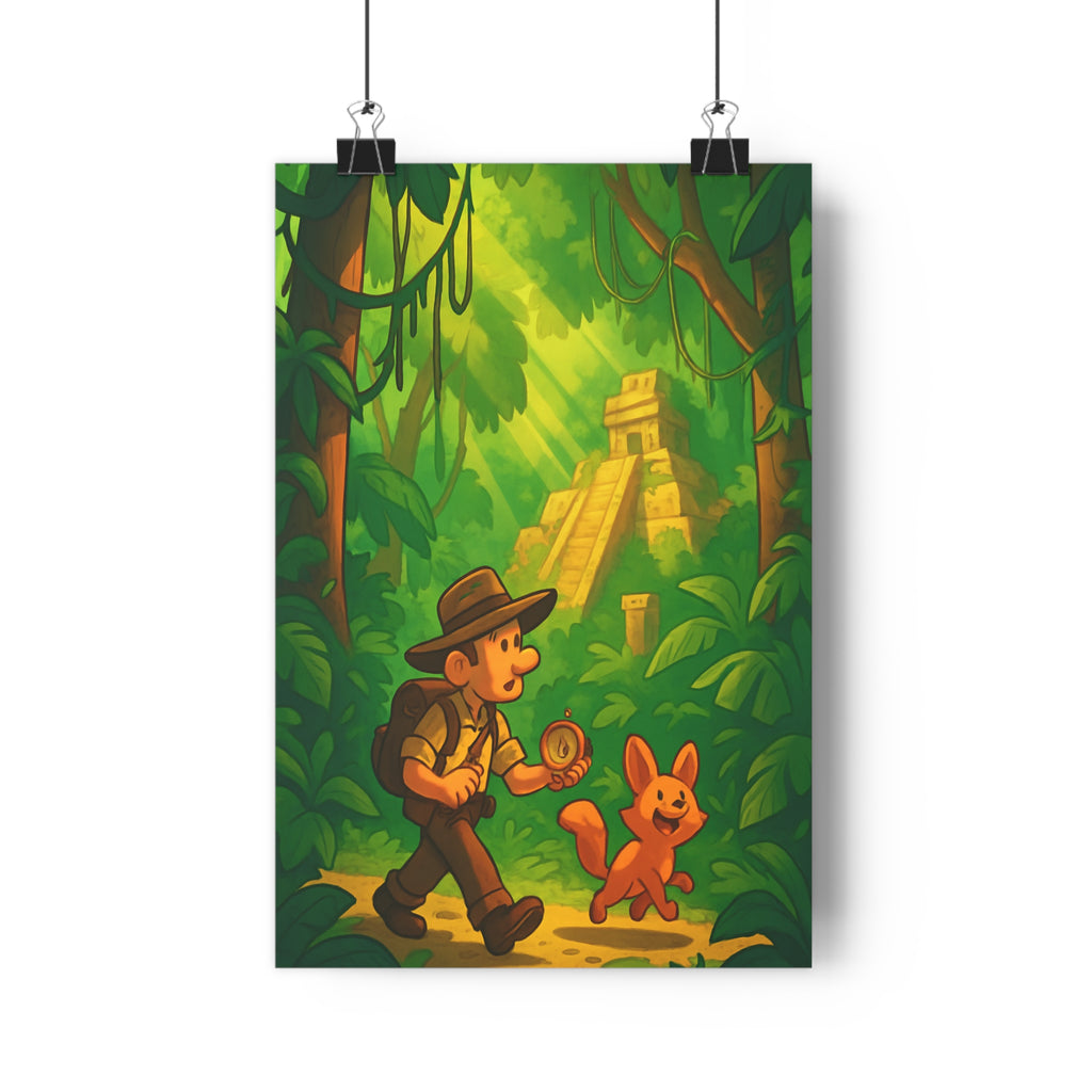 Poster décoratif cartoon aventure jungle mystérieuse enfant vibrant vert jaune chambre explorateur animal pyramide